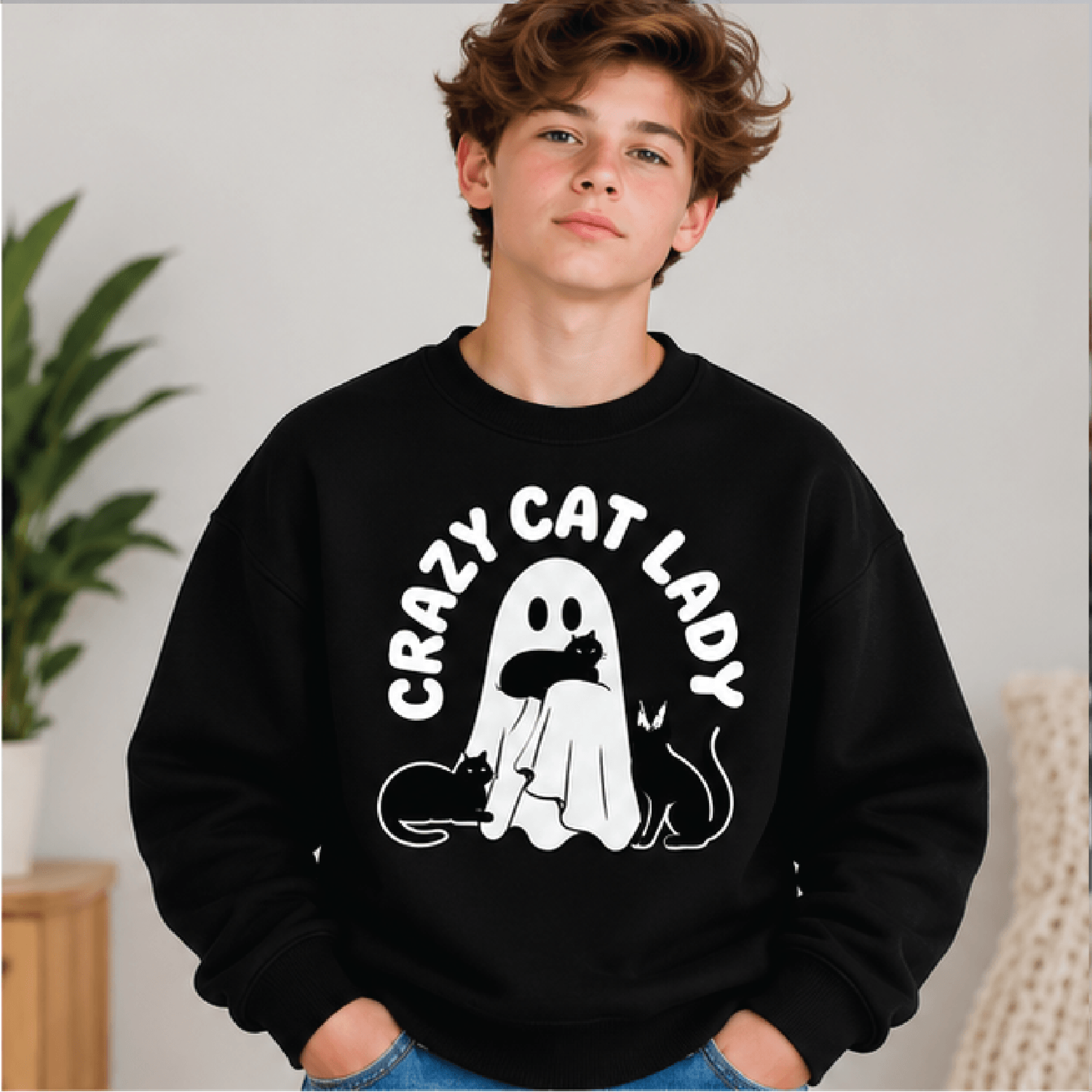 Crazy Cat Lady Halloween Sweatshirt Kids Youth Unisex Ghost Cat Crewneck Funny Black Cat Spooky Sea 1