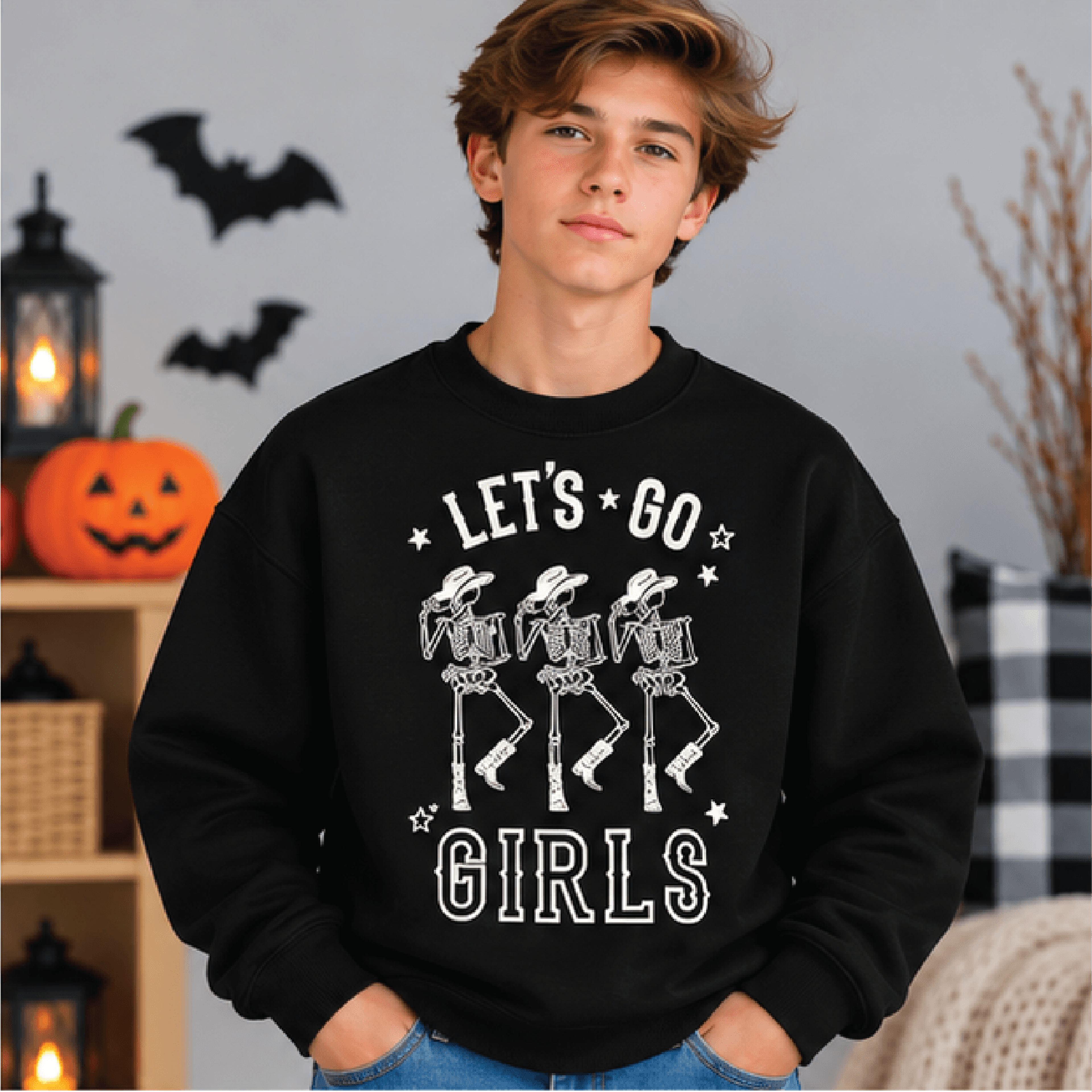 Cowgirl Skellies Halloween Sweatshirt Kids Youth Unisex Western Skeleton Crewneck Lets Go Girls Spo 1