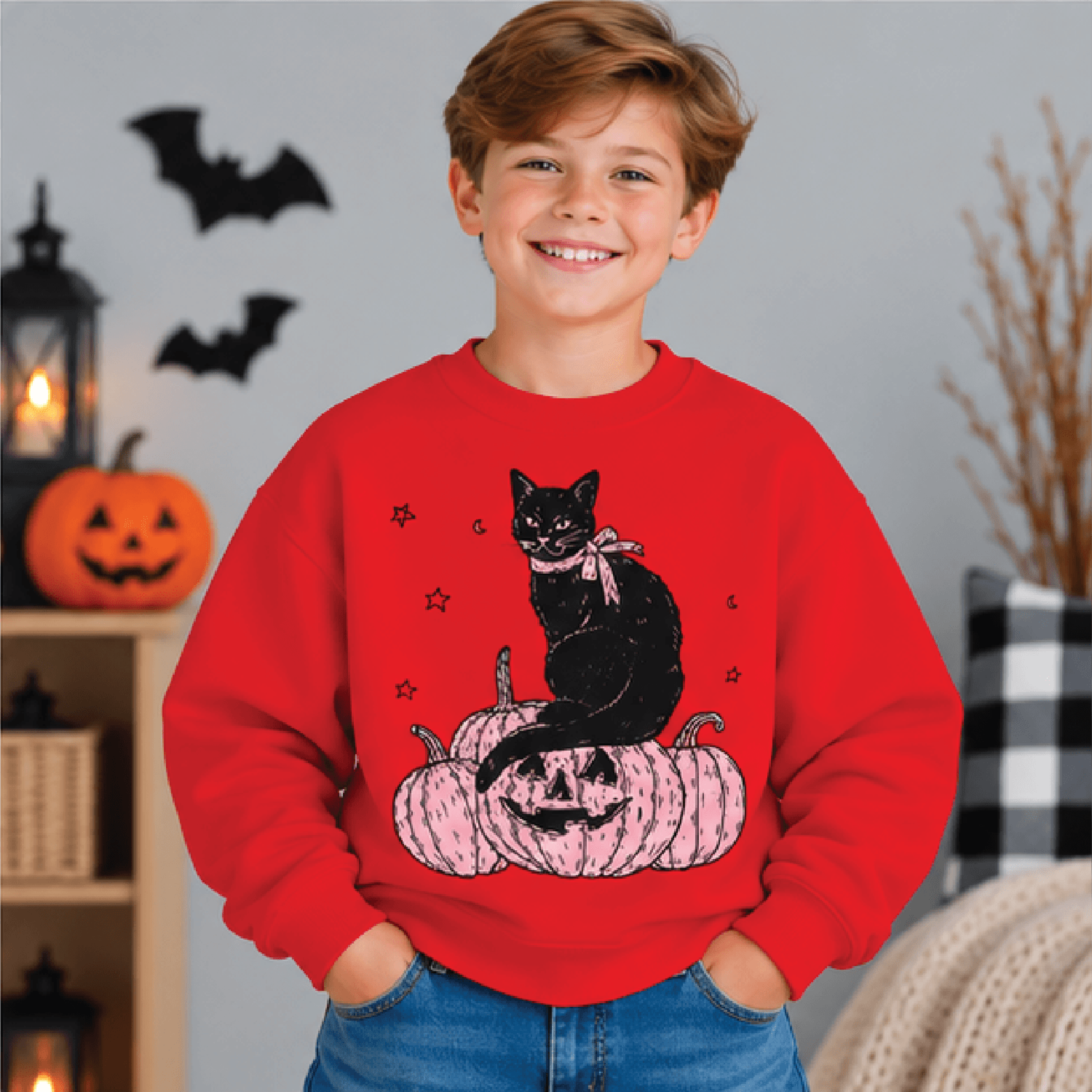 Black Cat On The Prowl Halloween Sweatshirt Kids Youth Unisex Pumpkin Cat Crewneck Spooky Fall Blac 3