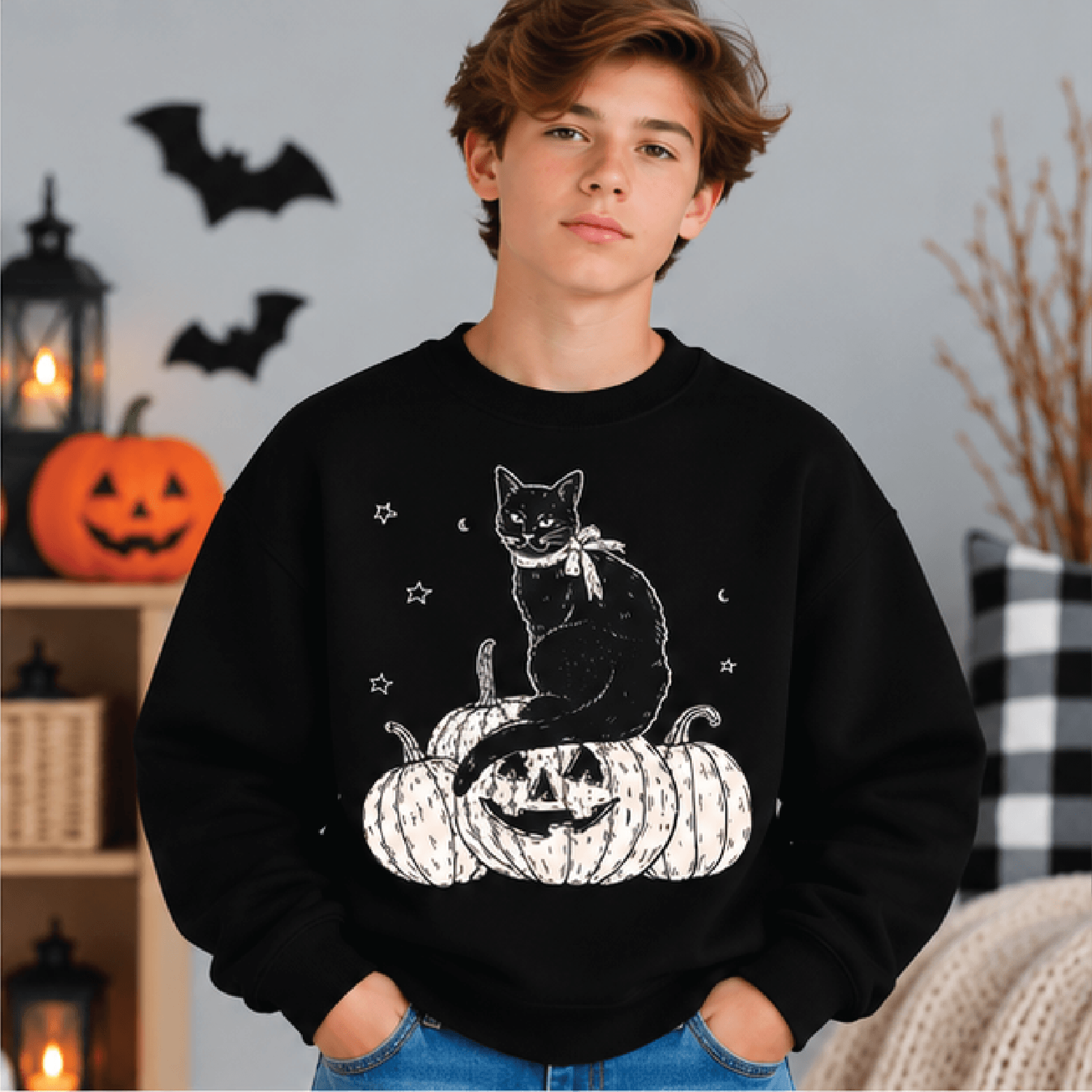 Black Cat On The Prowl Halloween Sweatshirt Kids Youth Unisex Pumpkin Cat Crewneck Spooky Fall Blac 1