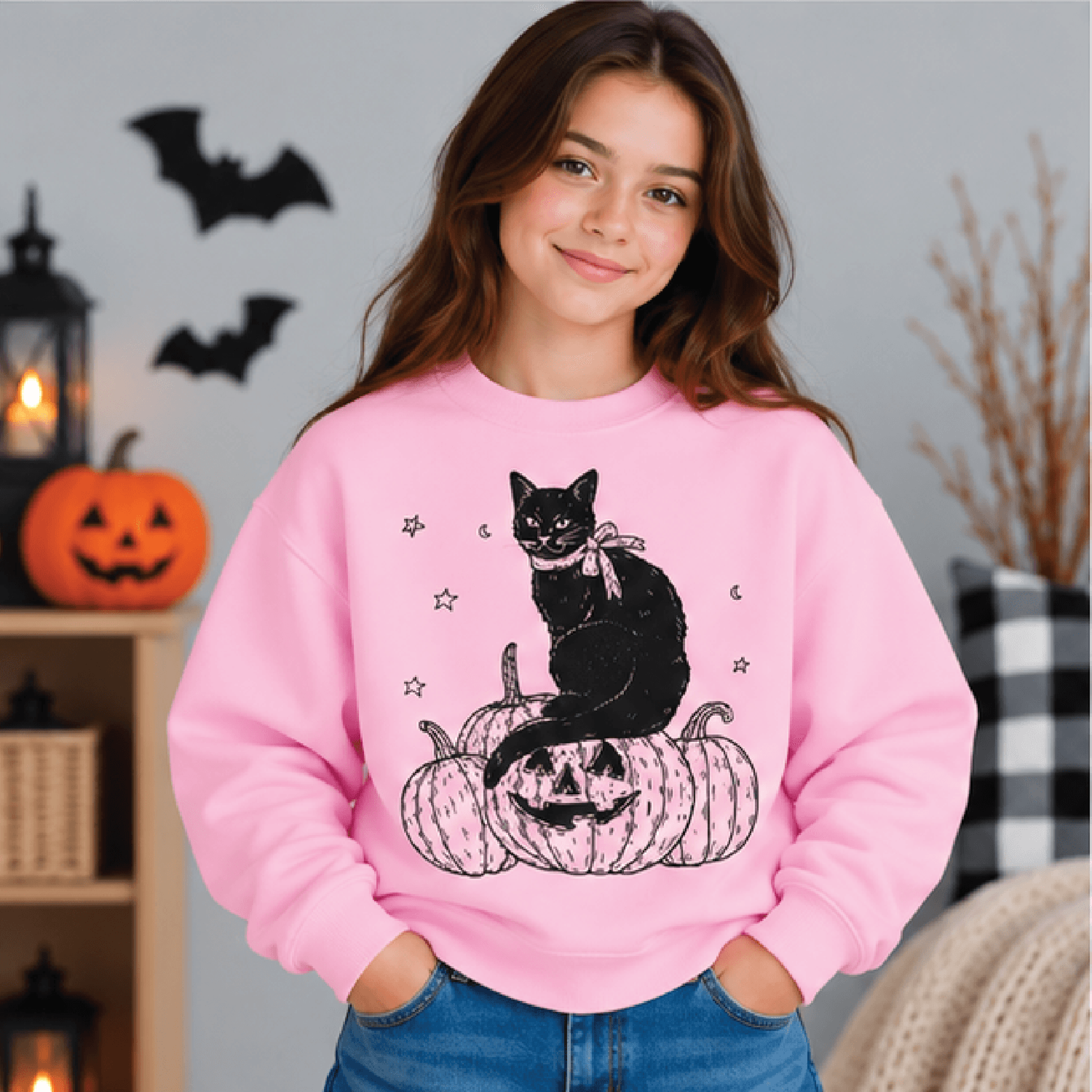 Black Cat On The Prowl Halloween Sweatshirt Kids Youth Unisex Pumpkin Cat Crewneck Spooky Fall Blac 2