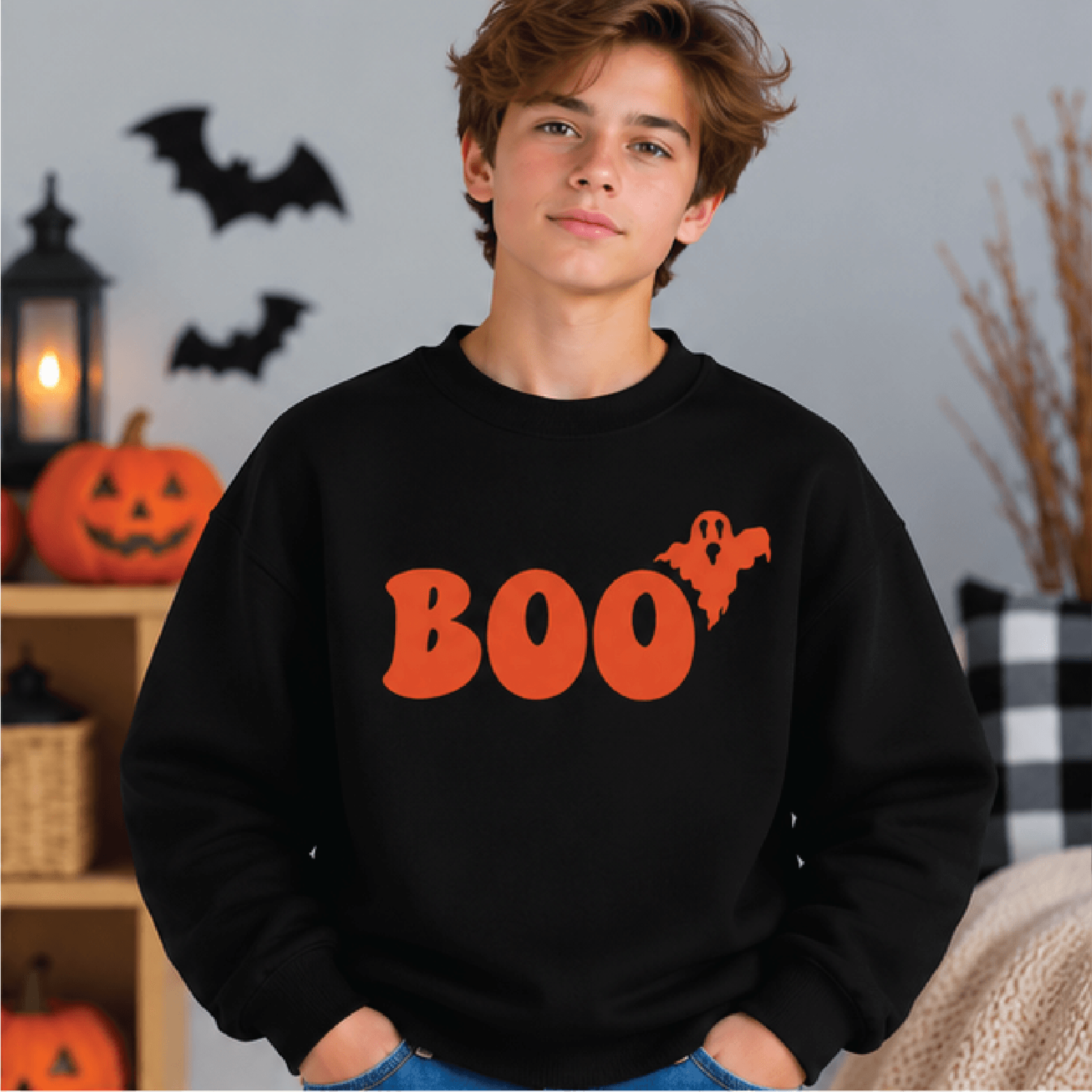 Boo Ghost Halloween Sweatshirt Kids Youth Unisex Spooky Crewneck Cute Retro BOO Ghost Fall Sweater  1