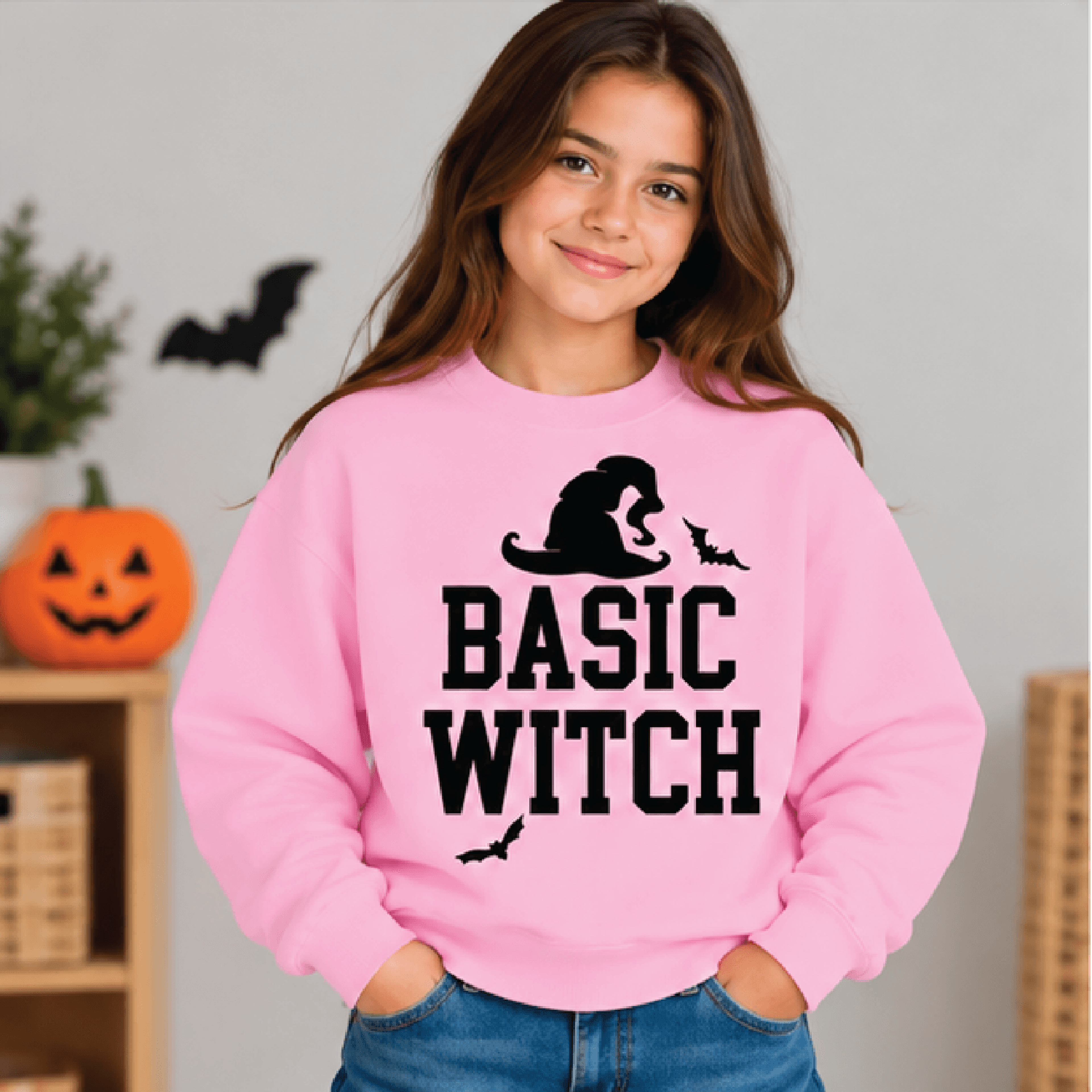 Basic Witch Halloween Sweatshirt Kids Youth Unisex Witch Hat Crewneck Spooky Bats Fall Sweater Tric 2