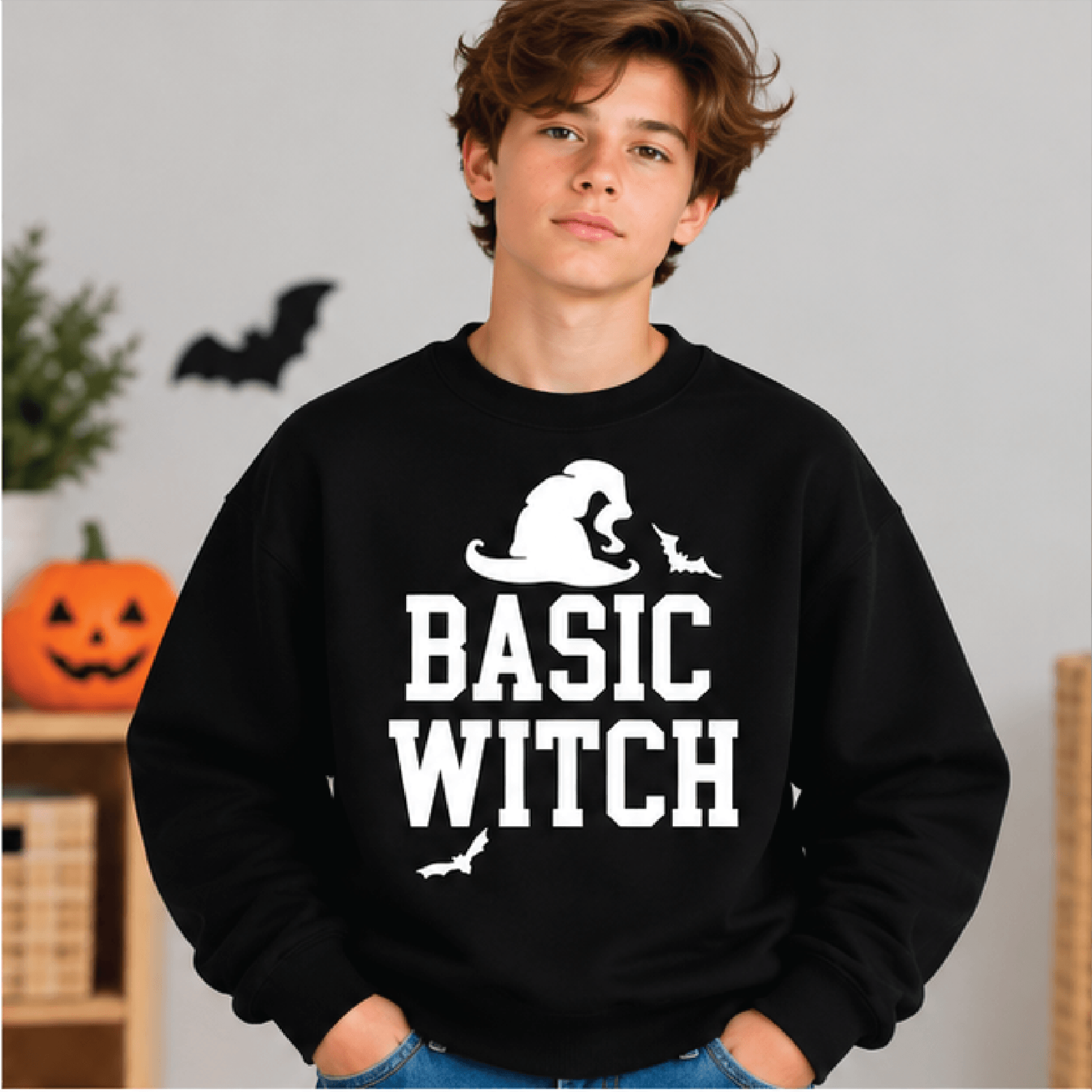 Basic Witch Halloween Sweatshirt Kids Youth Unisex Witch Hat Crewneck Spooky Bats Fall Sweater Tric 1