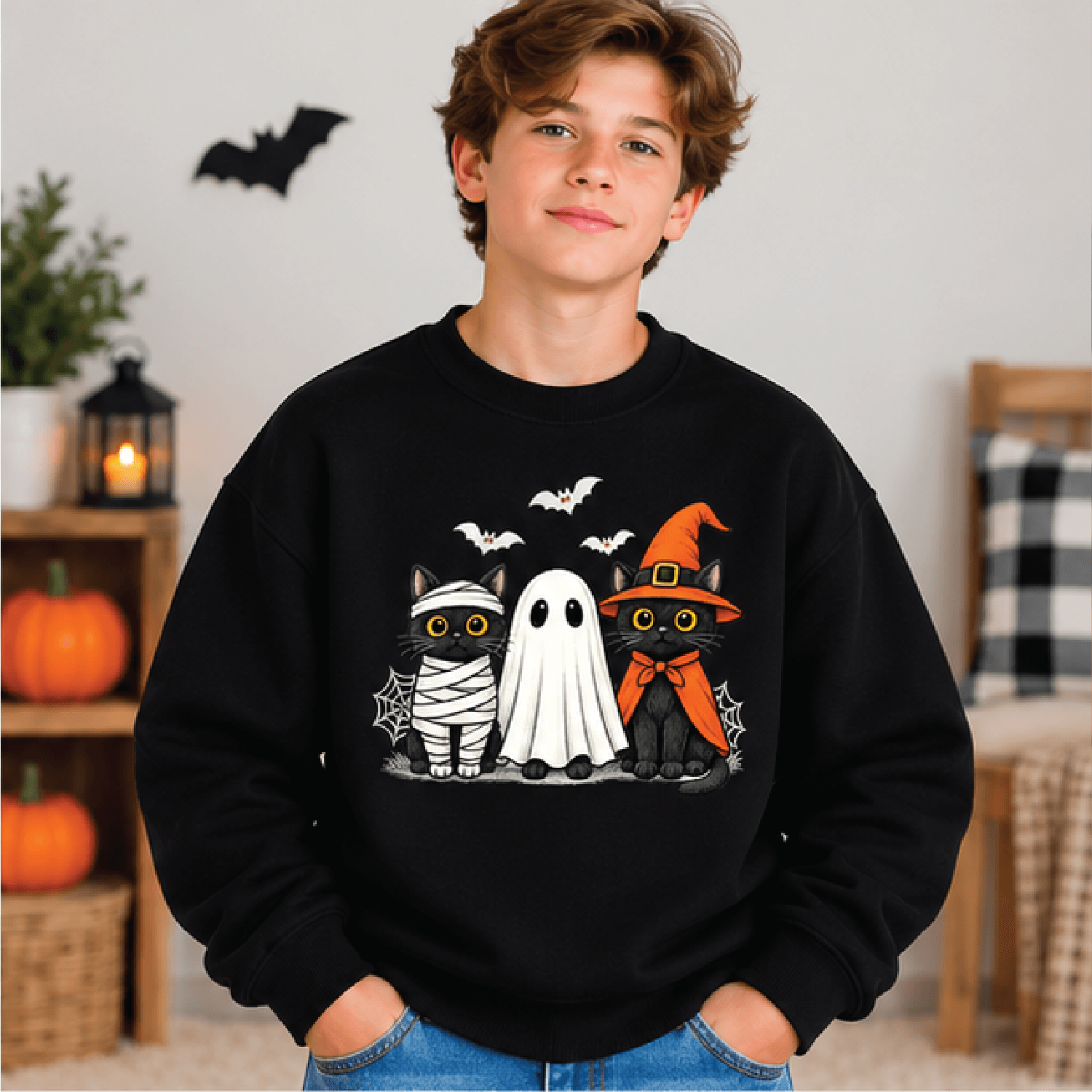 Black Cat Halloween Sweatshirt Kids Youth Unisex Spooky Kitty Crewneck Cute Halloween Cat Fall Swea 1