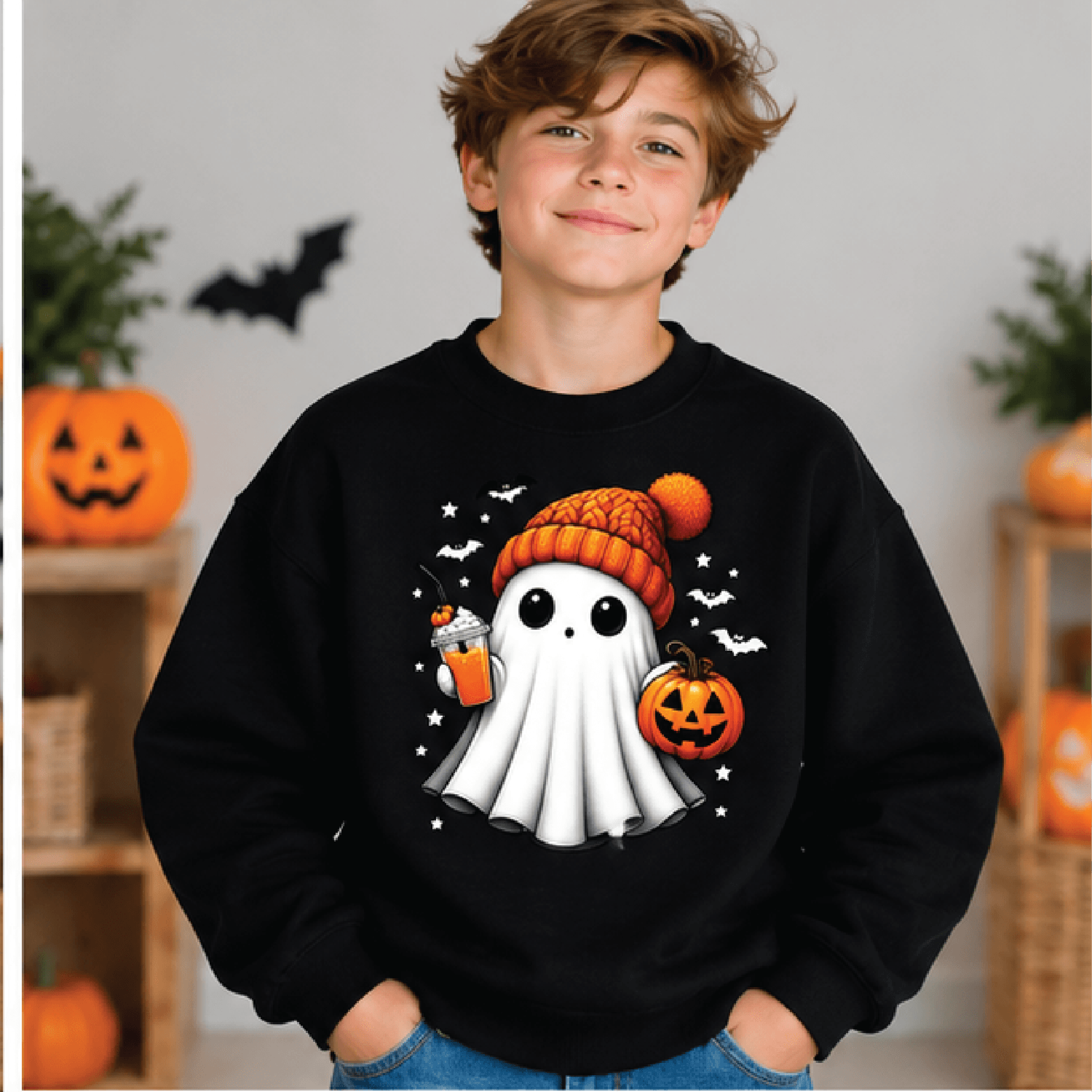 Cute Ghost Halloween Sweatshirt Kids Youth Unisex Spooky Ghost Crewneck Retro Boo Fall Sweater Tric 1