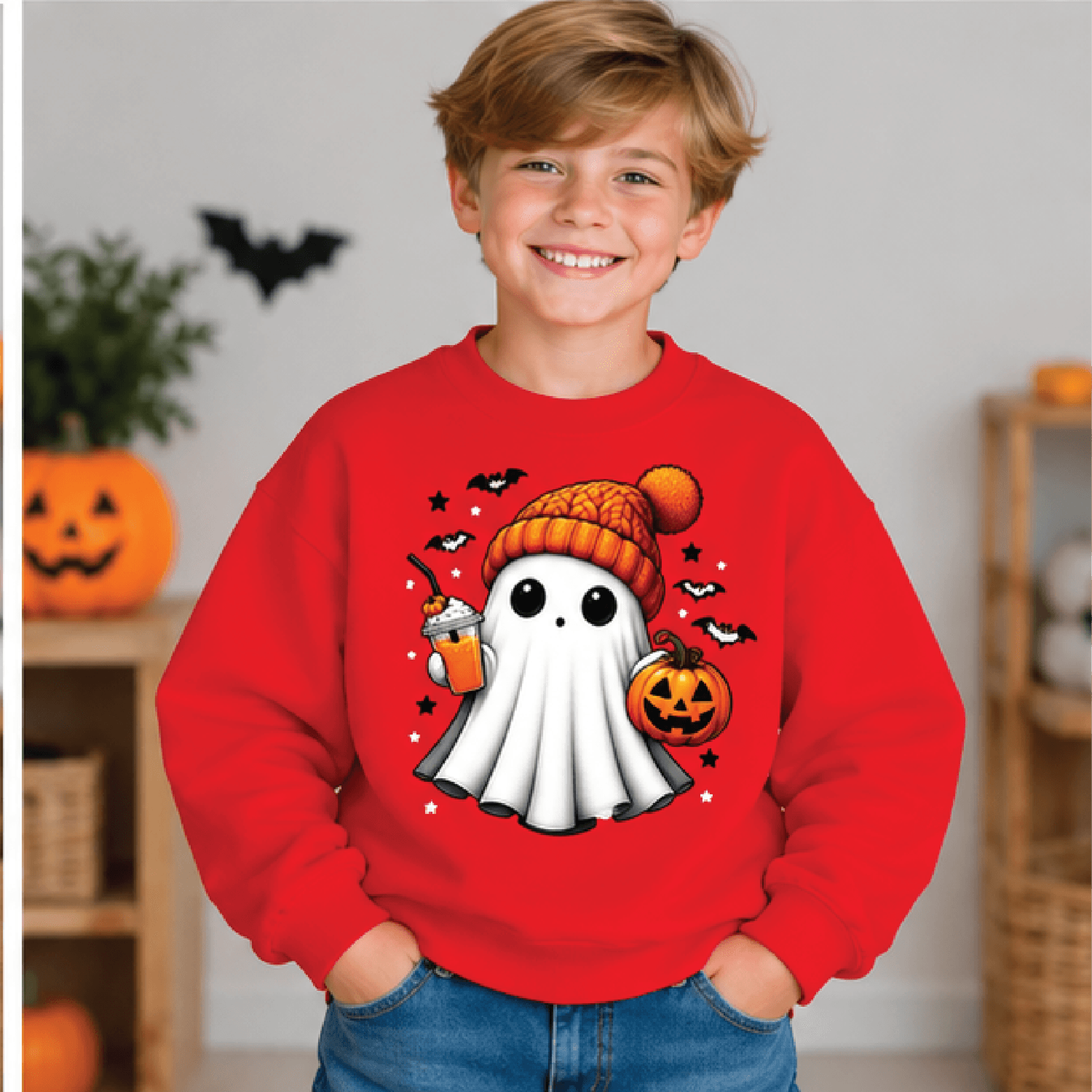 Cute Ghost Halloween Sweatshirt Kids Youth Unisex Spooky Ghost Crewneck Retro Boo Fall Sweater Tric 3