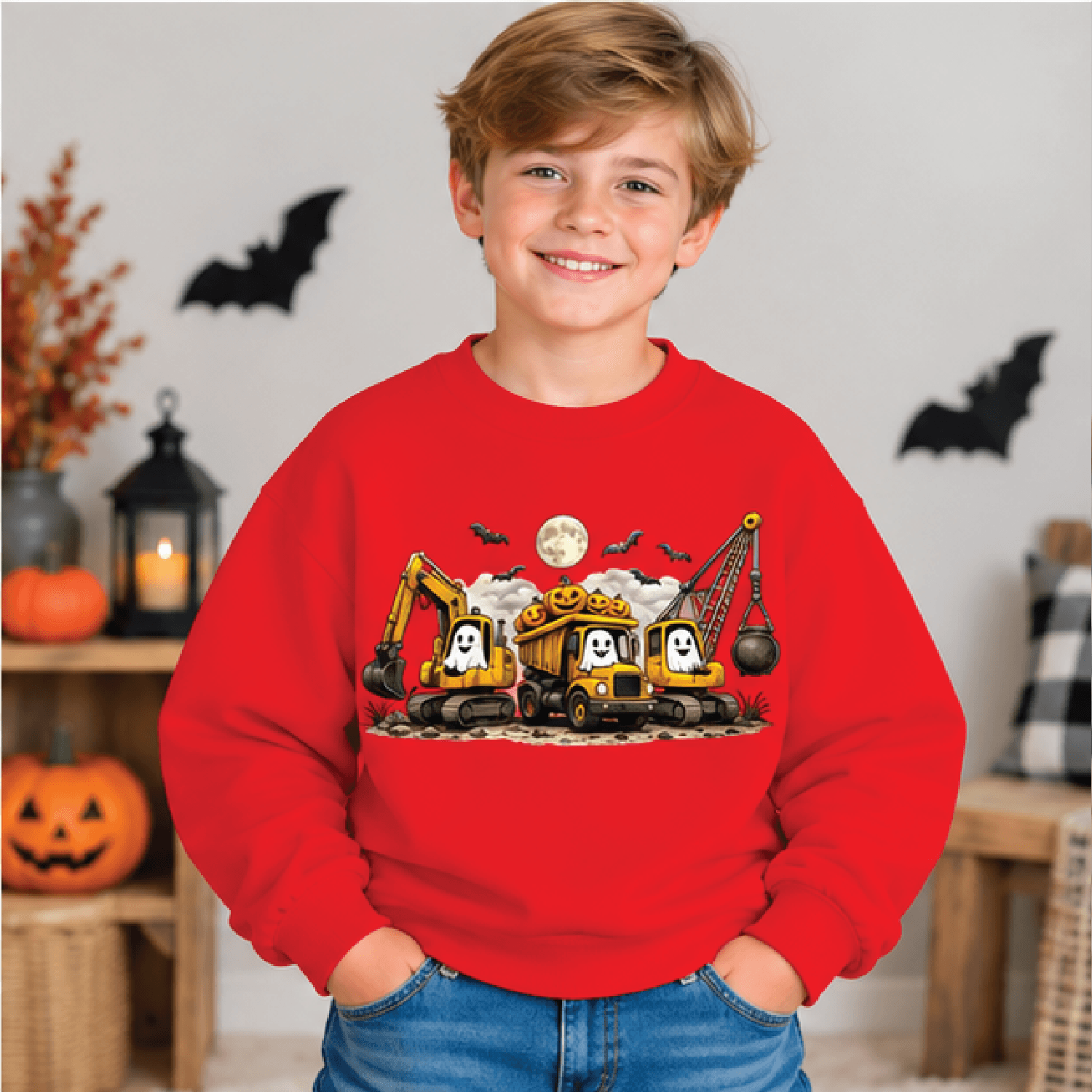 Halloween Construction Sweatshirt Kids Youth Unisex Spooky Construction Crewneck Pumpkin Truck Fall 3