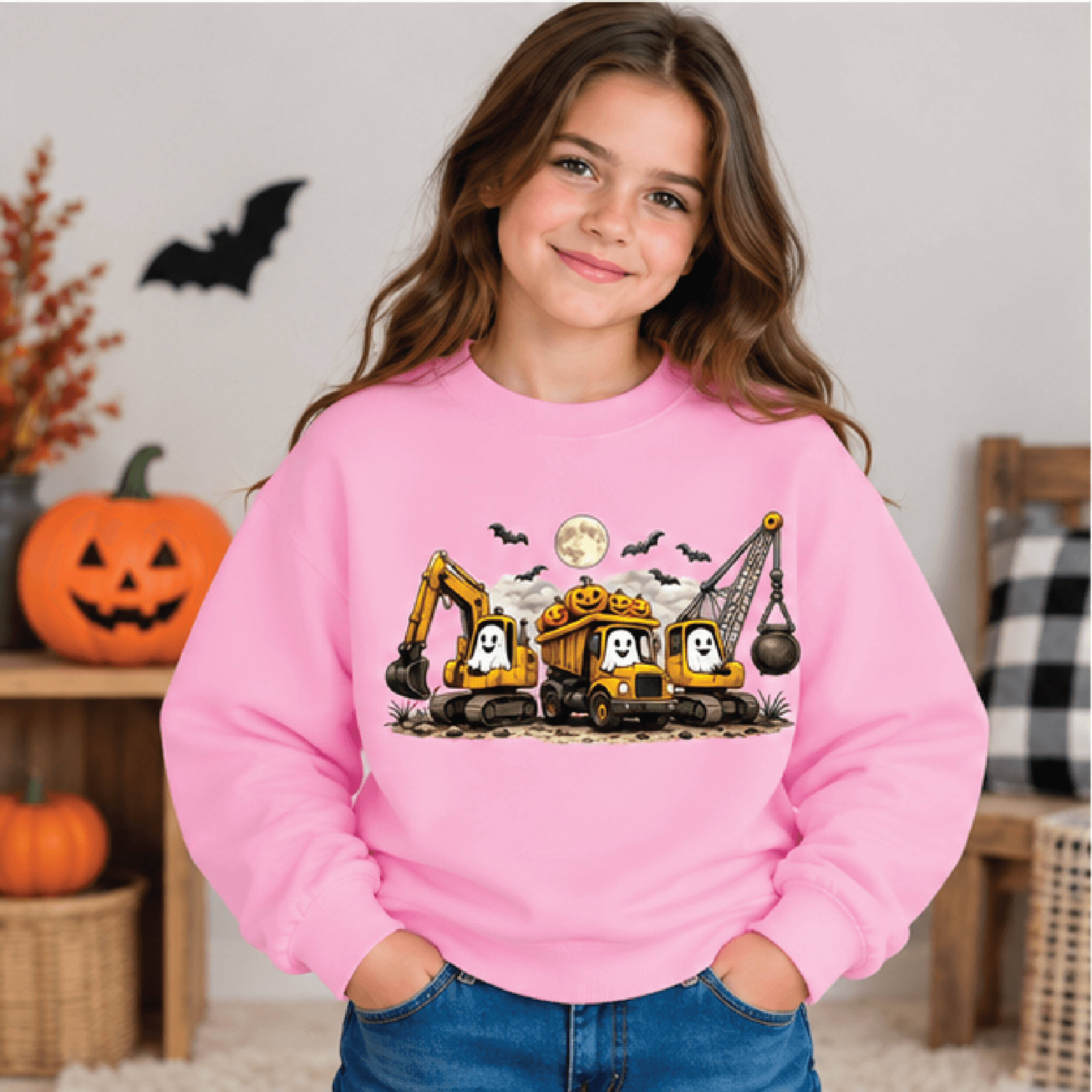 Halloween Construction Sweatshirt Kids Youth Unisex Spooky Construction Crewneck Pumpkin Truck Fall 2