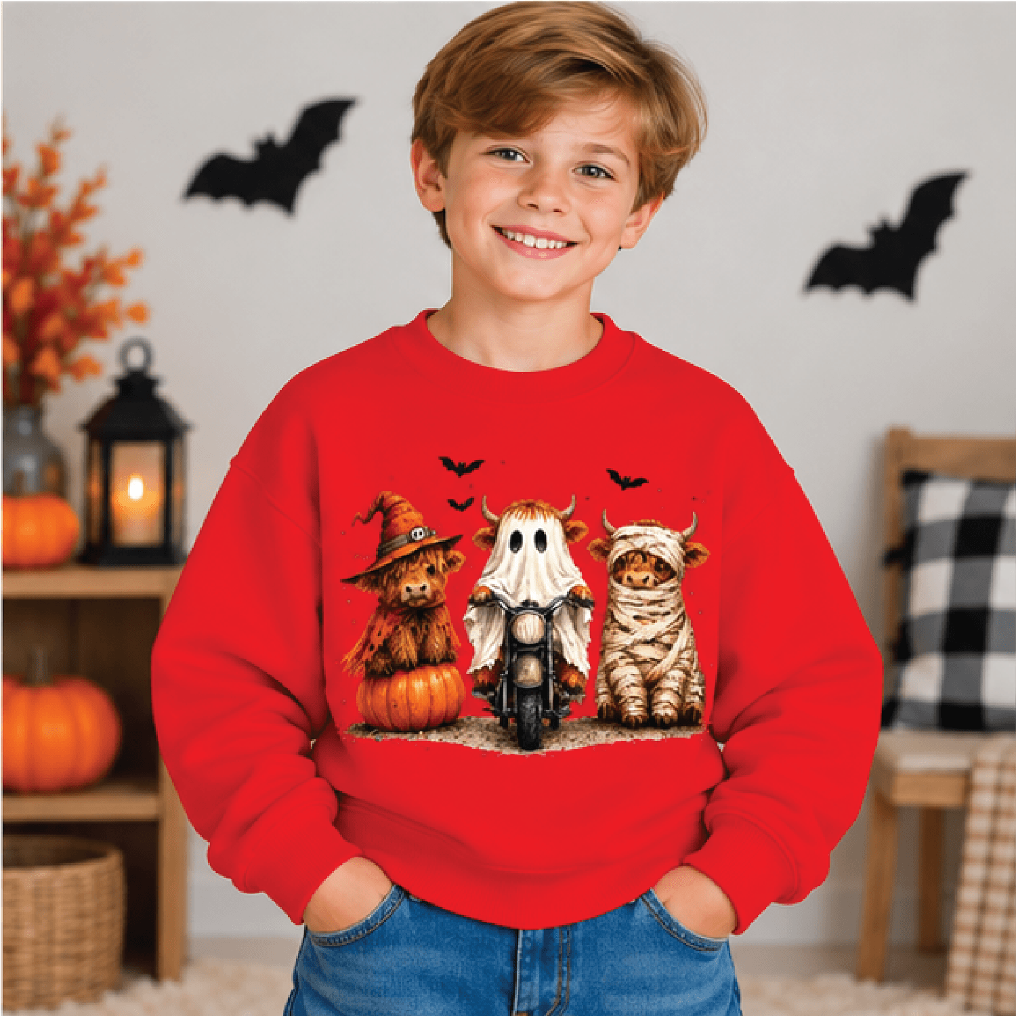 Highland Cow Halloween Sweatshirt Kids Youth Unisex Spooky Cow Crewneck Cute Pumpkin Cow Fall Sweat 3