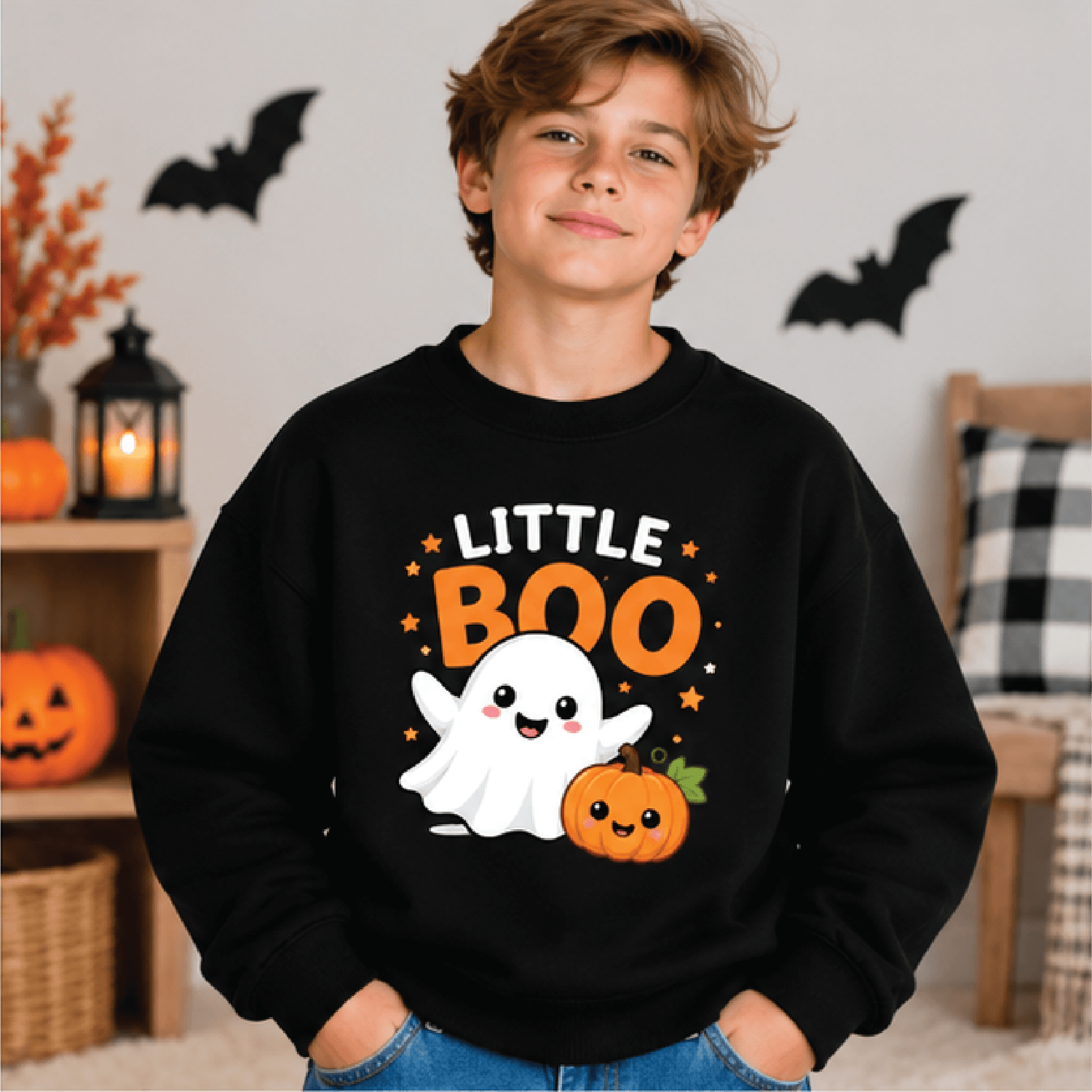 Little Boo Halloween Sweatshirt Kids Youth Unisex Cute Ghost Crewneck Pumpkin Spooky Season Fall Sw 1