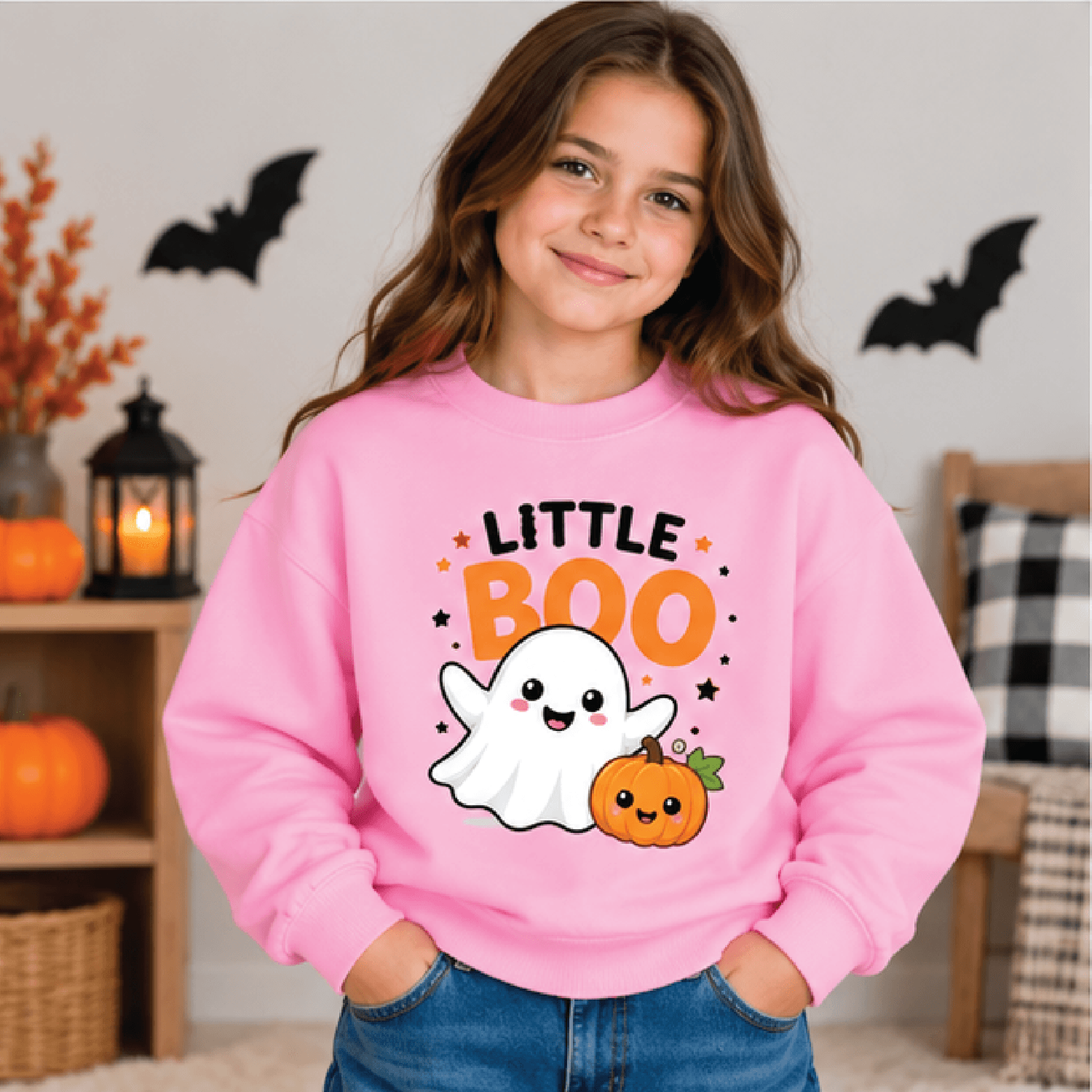 Little Boo Halloween Sweatshirt Kids Youth Unisex Cute Ghost Crewneck Pumpkin Spooky Season Fall Sw 2