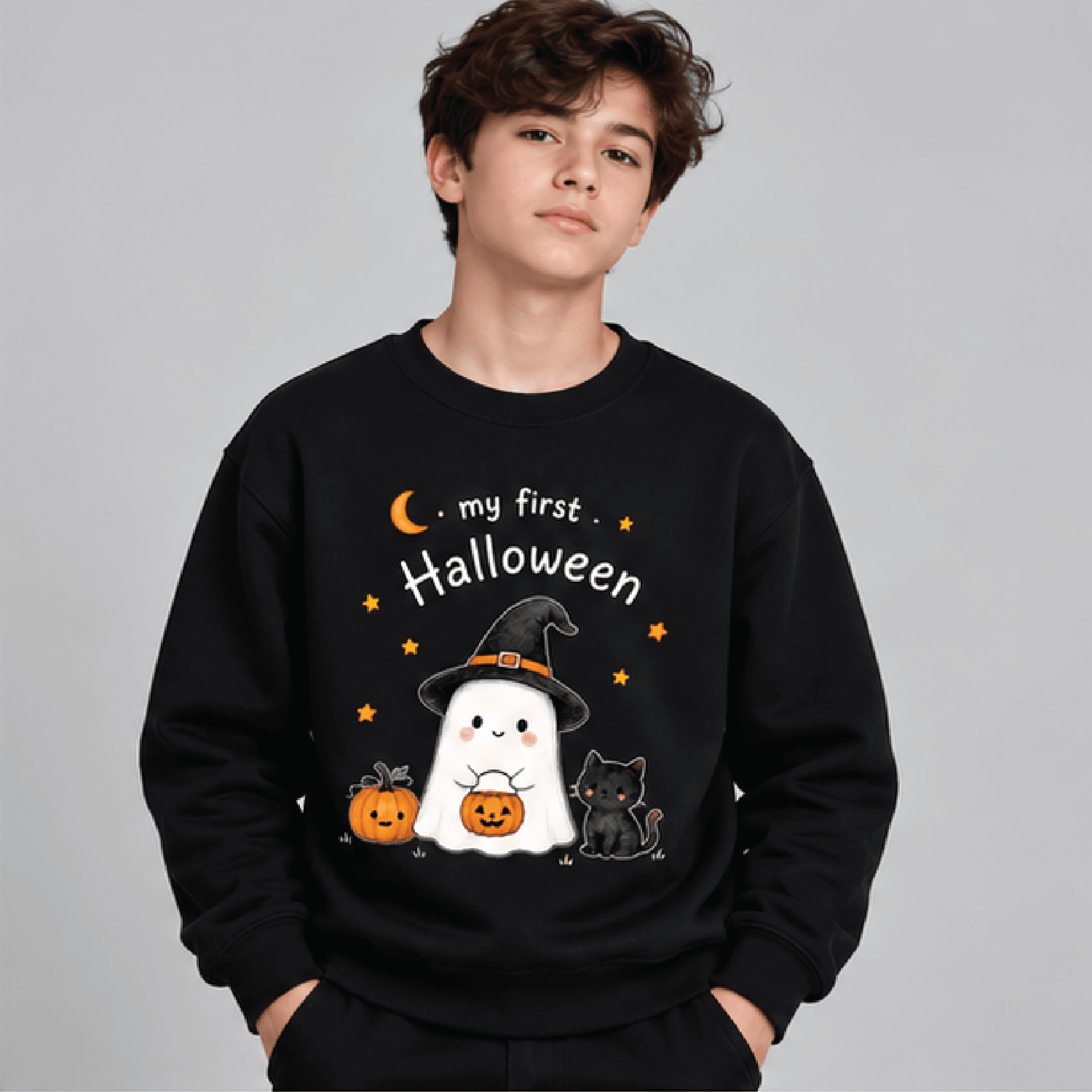 My First Halloween Sweatshirt Kids Youth Unisex Cute Ghost Crewneck Witch Hat Black Cat Pumpkin Spo 1