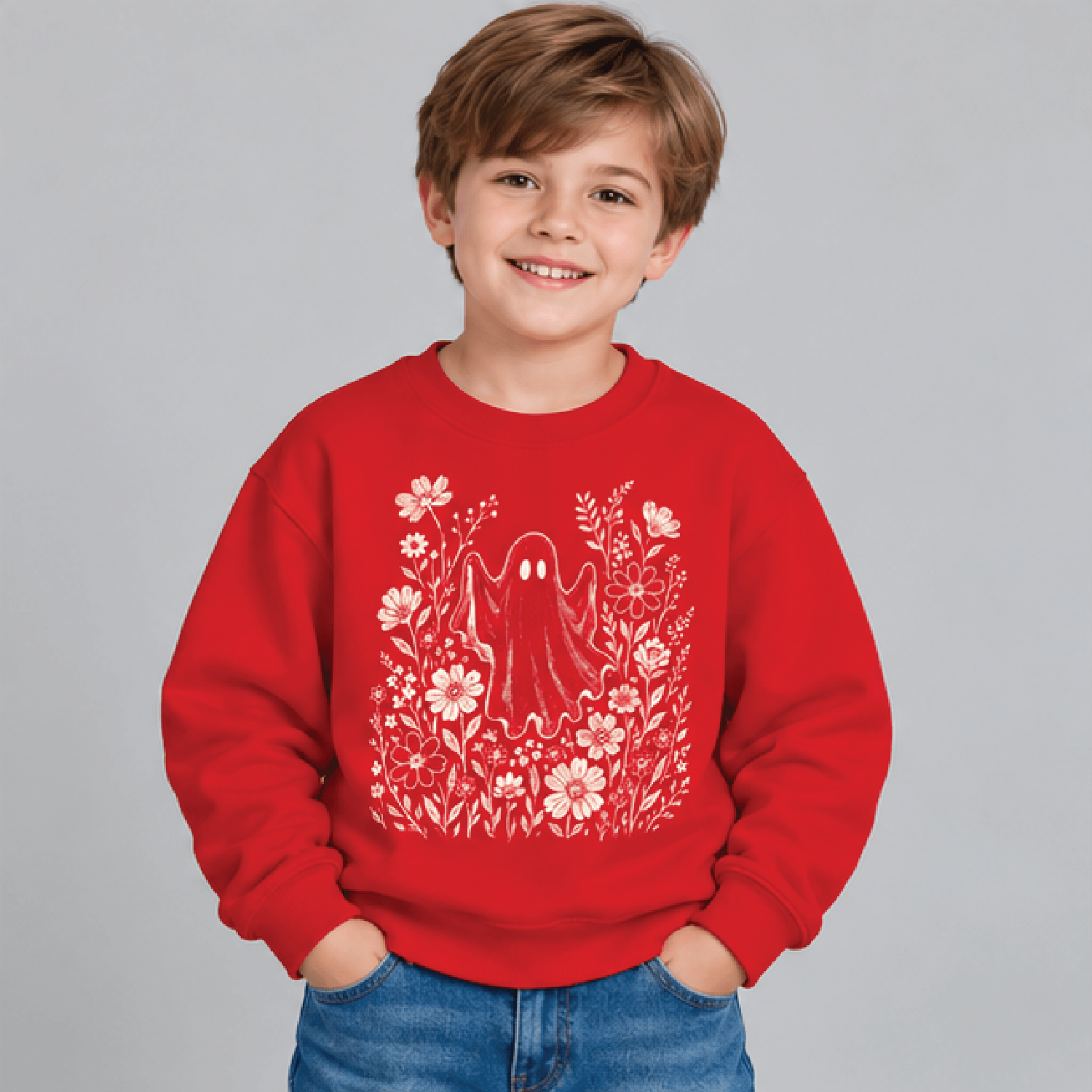 Floral Ghost Halloween Sweatshirt Kids Youth Unisex Cute Ghost Crewneck Flower Spooky Season Fall S 3