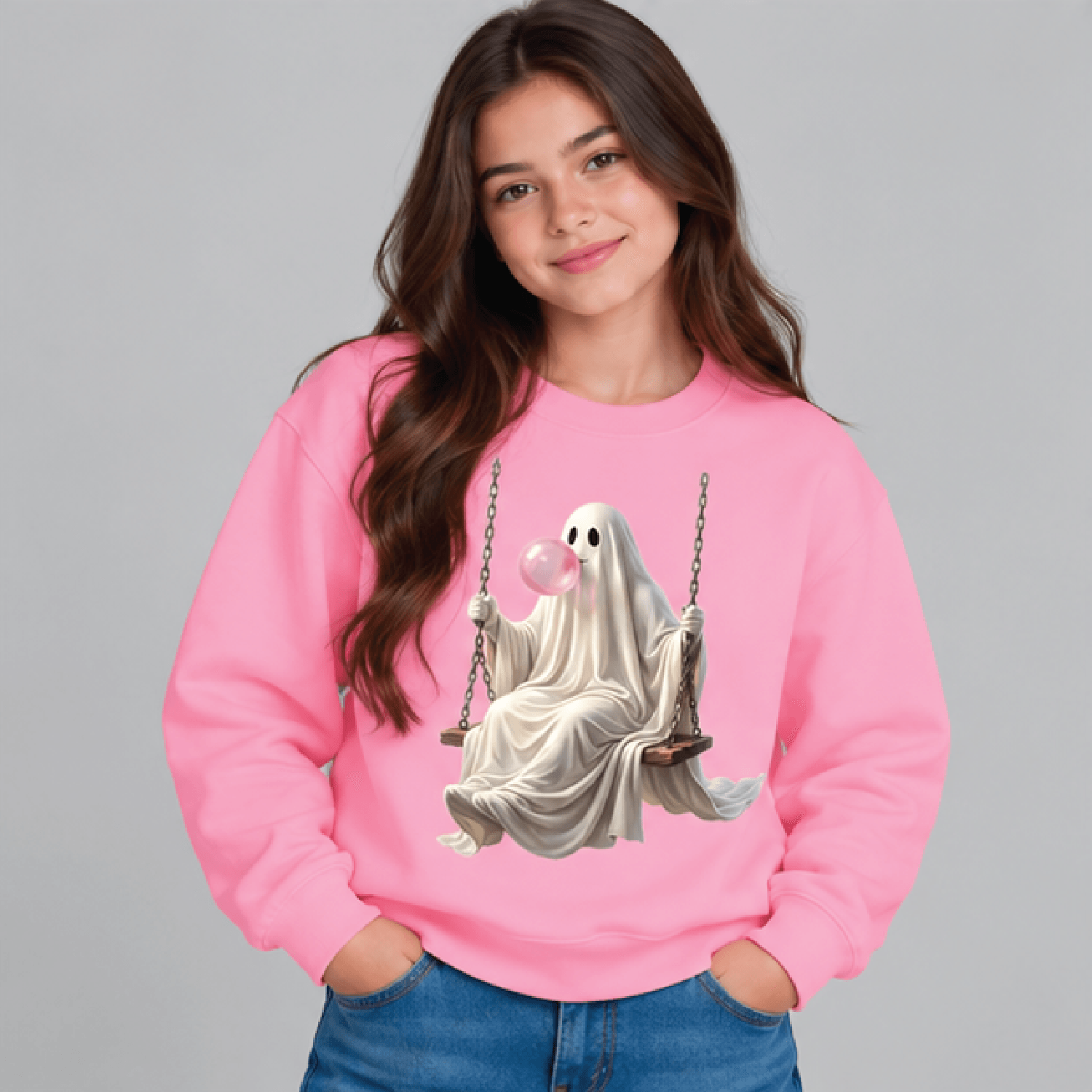 Ghost On Swing Halloween Sweatshirt Kids Youth Unisex Cute Ghost Crewneck Spooky Swing Fall Sweater 2