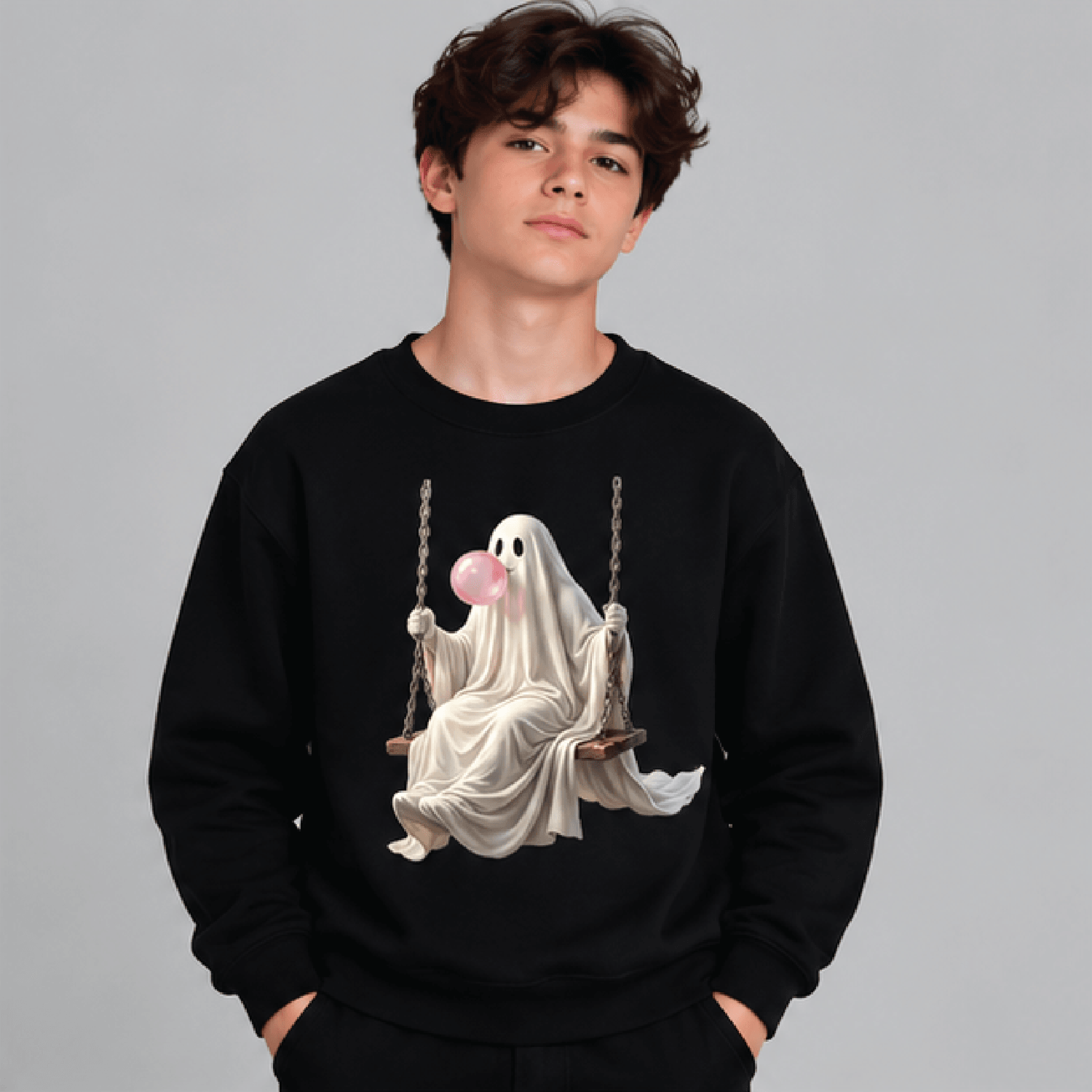 Ghost On Swing Halloween Sweatshirt Kids Youth Unisex Cute Ghost Crewneck Spooky Swing Fall Sweater 1
