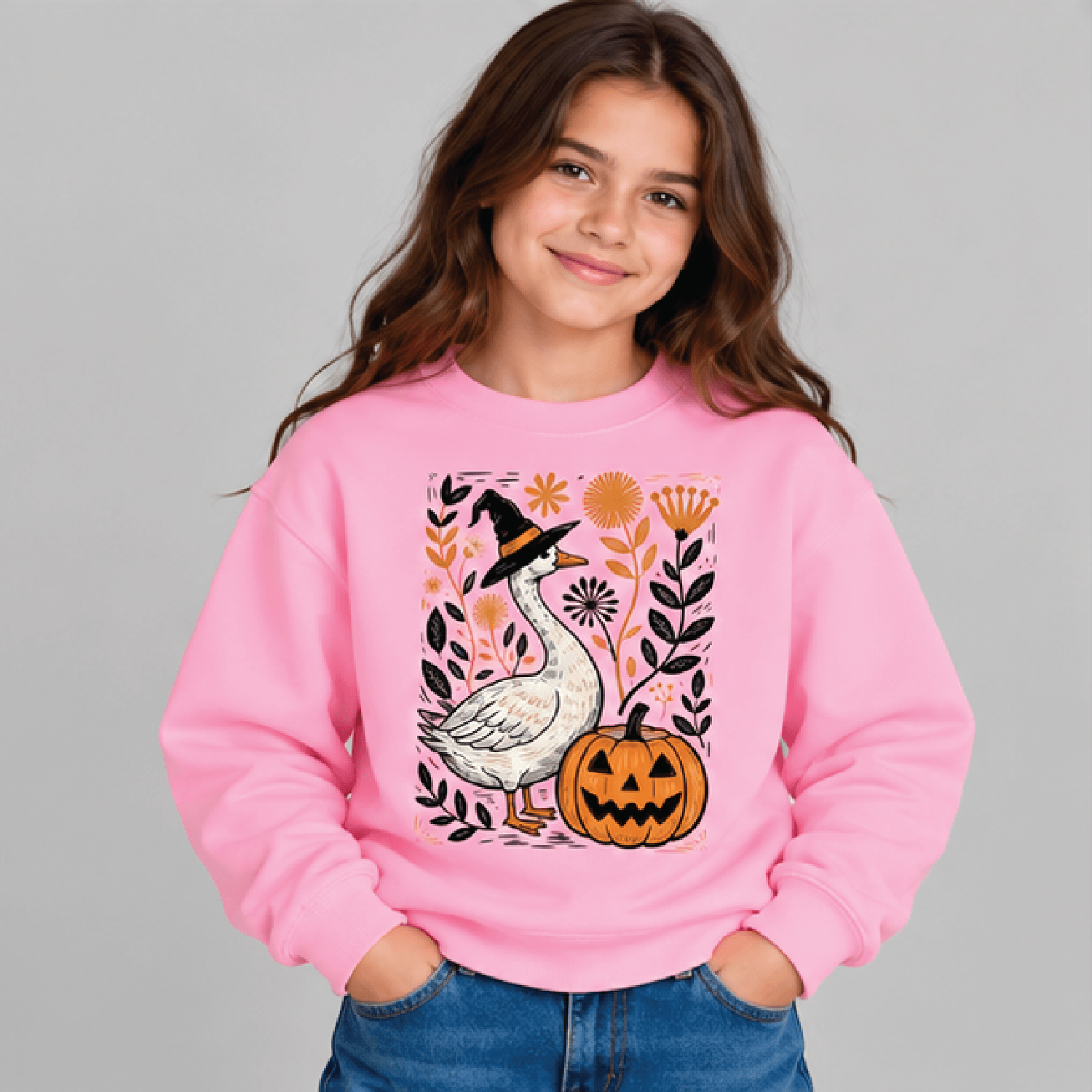 Floral Autumn Goose Sweatshirt Kids Youth Unisex Funny Goose Crewneck Cute Fall Flowers Pumpkin Sea 2