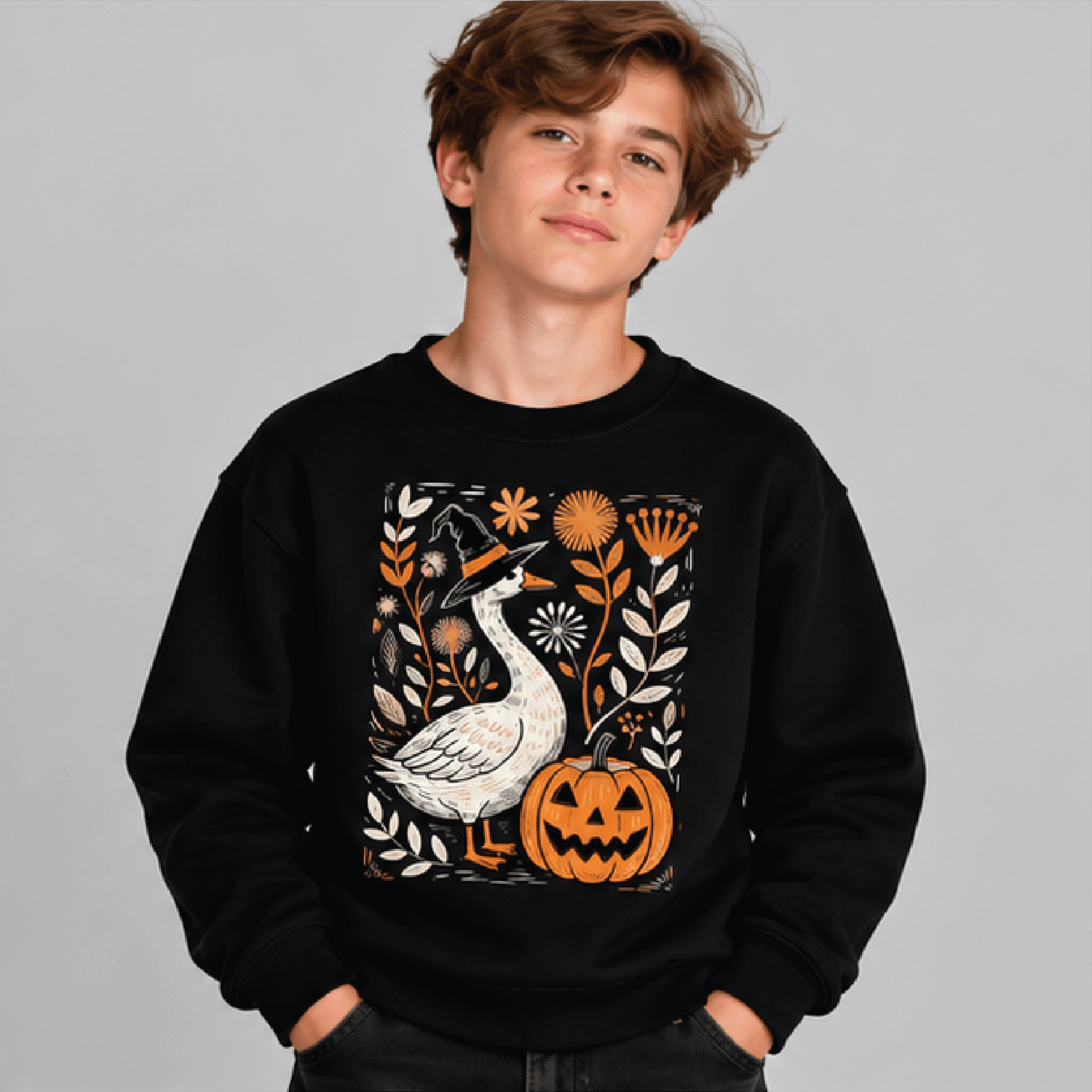 Floral Autumn Goose Sweatshirt Kids Youth Unisex Funny Goose Crewneck Cute Fall Flowers Pumpkin Sea 1