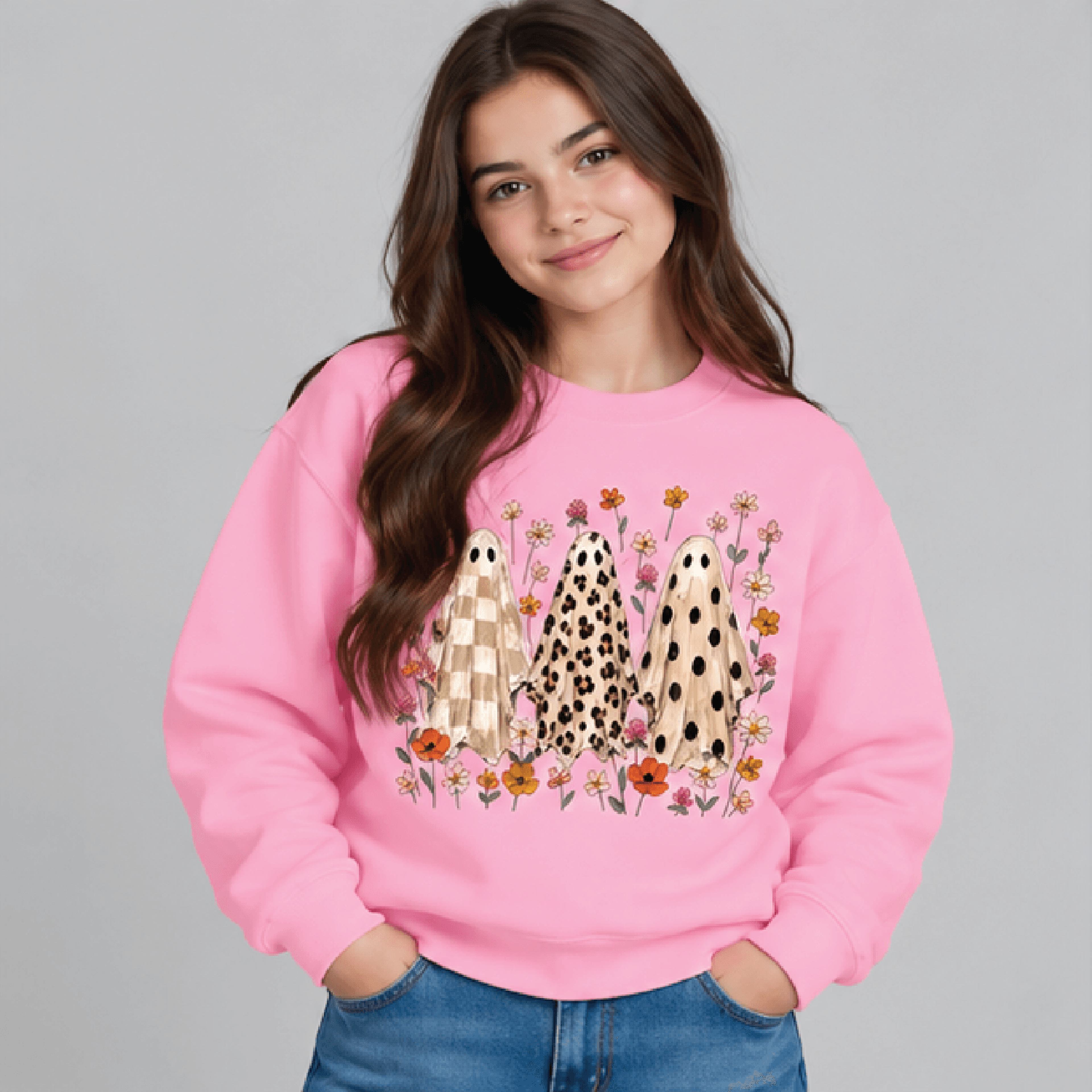 Floral Leopard Ghost Halloween Sweatshirt Kids Youth Unisex Cute Ghost Crewneck Spooky Floral Fall  2