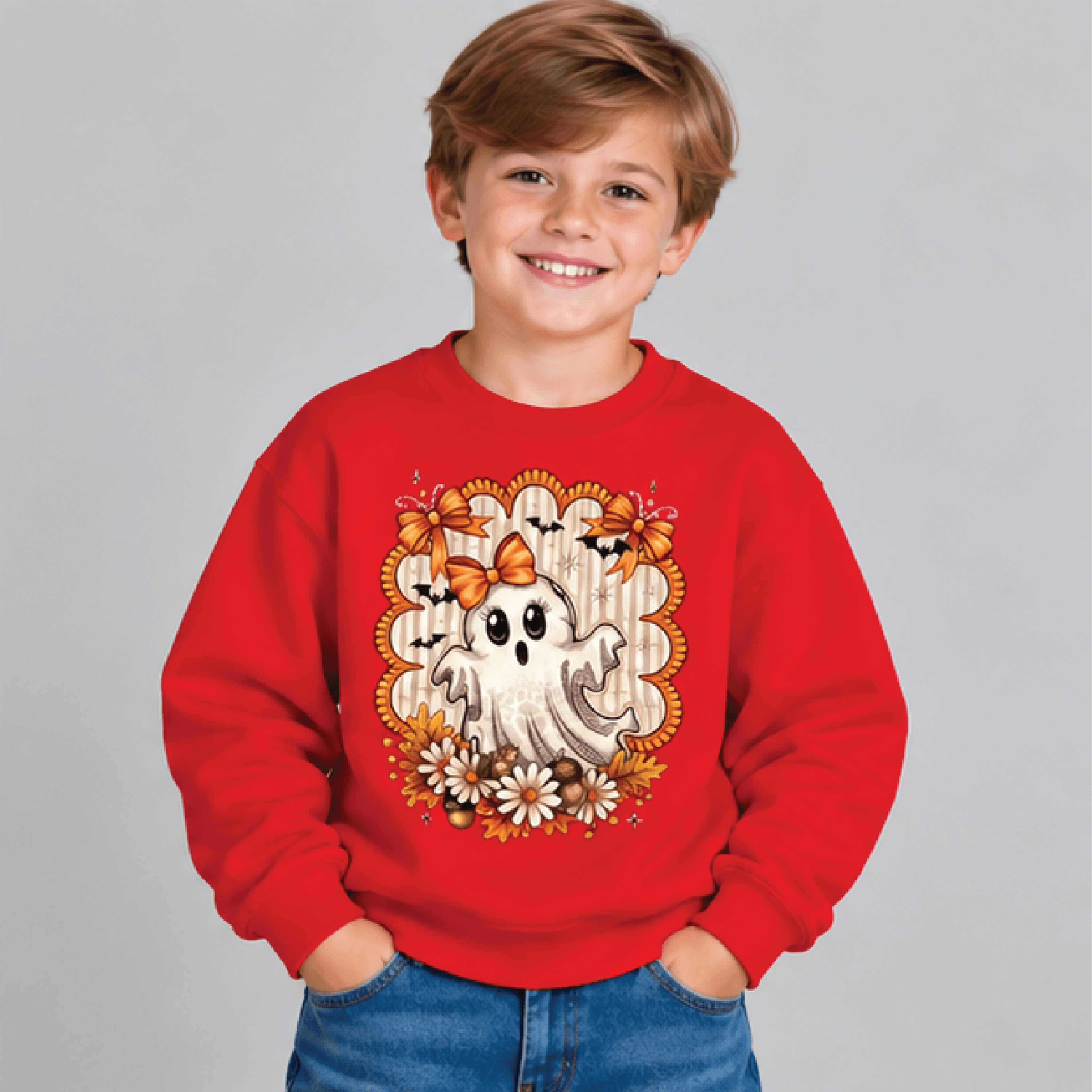 Cute Bow Ghost Halloween Sweatshirt Kids Youth Unisex Floral Ghost Crewneck Orange Bow Bat Spooky S 3