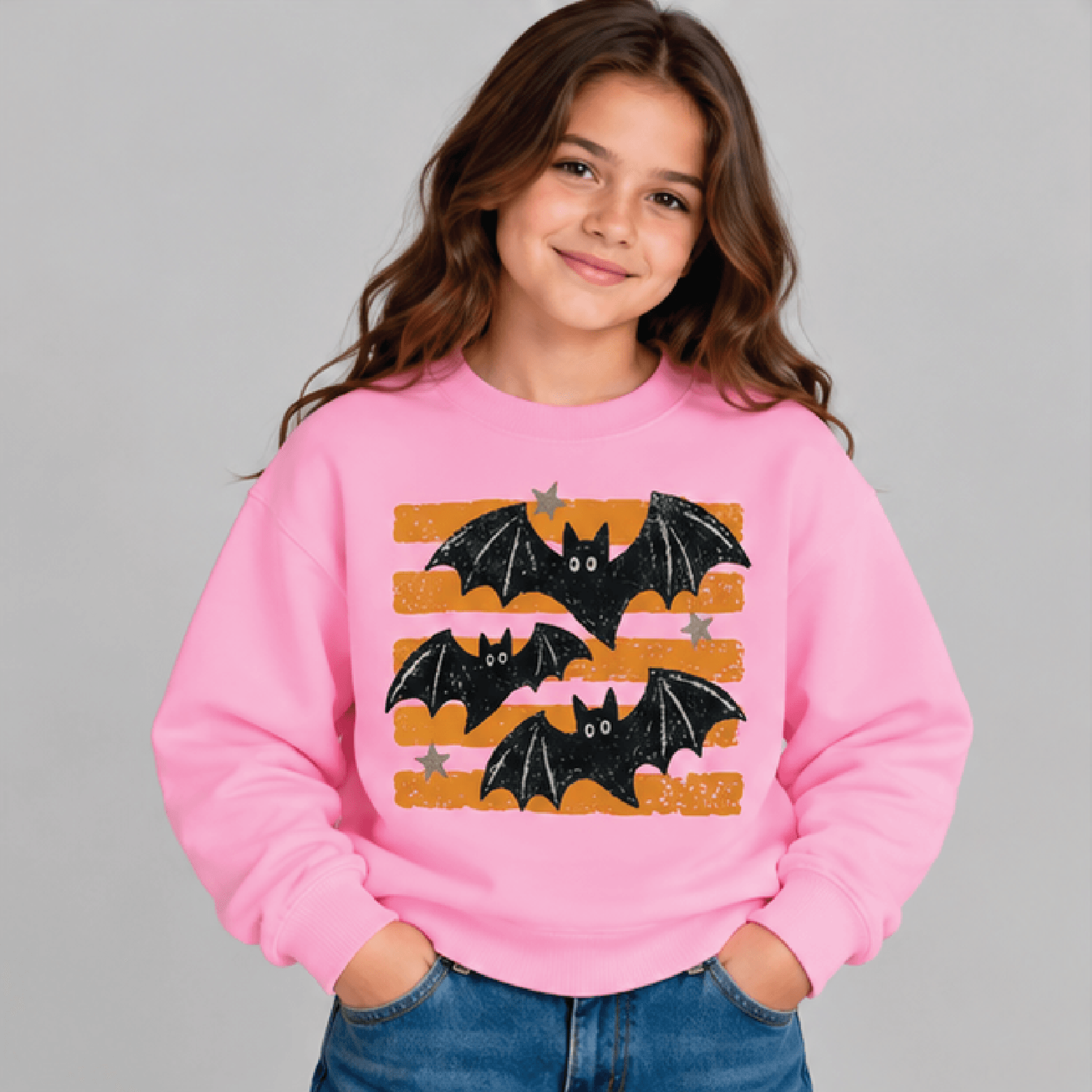 Retro Bat Halloween Sweatshirt Kids Youth Unisex Spooky Bats Crewneck Orange Stripe Vintage Hallowe 2