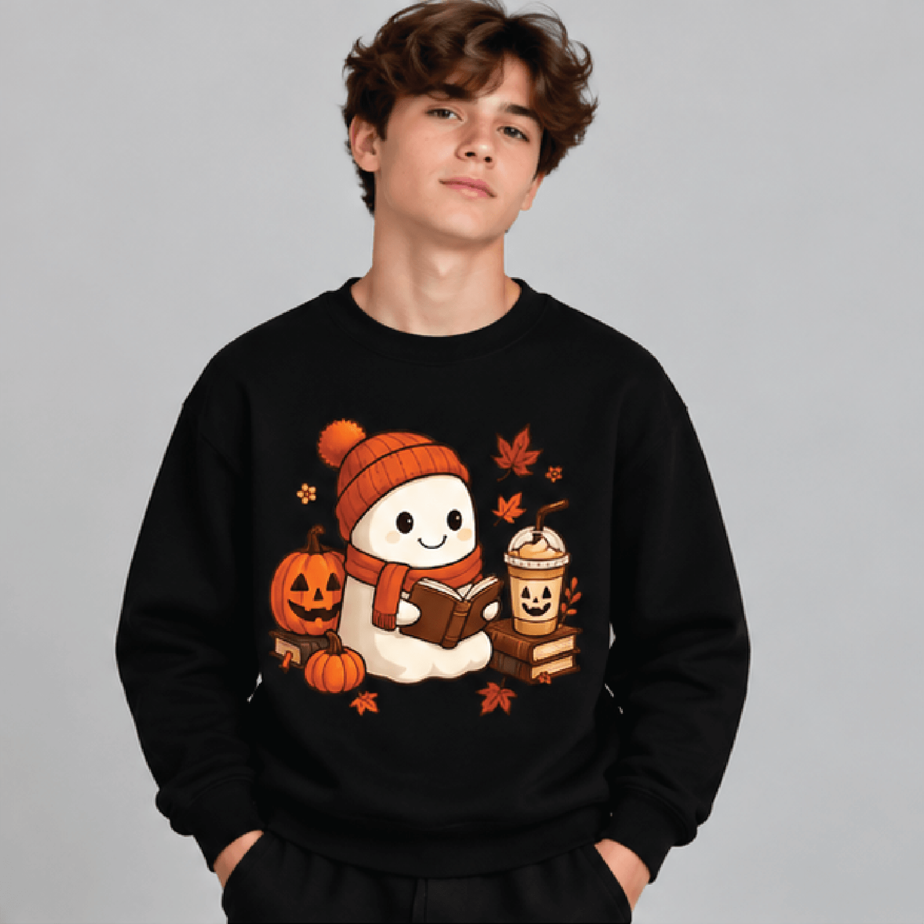 Ghost Reading Book Halloween Sweatshirt Kids Youth Unisex Bookish Ghost Crewneck Pumpkin Coffee Fal 1