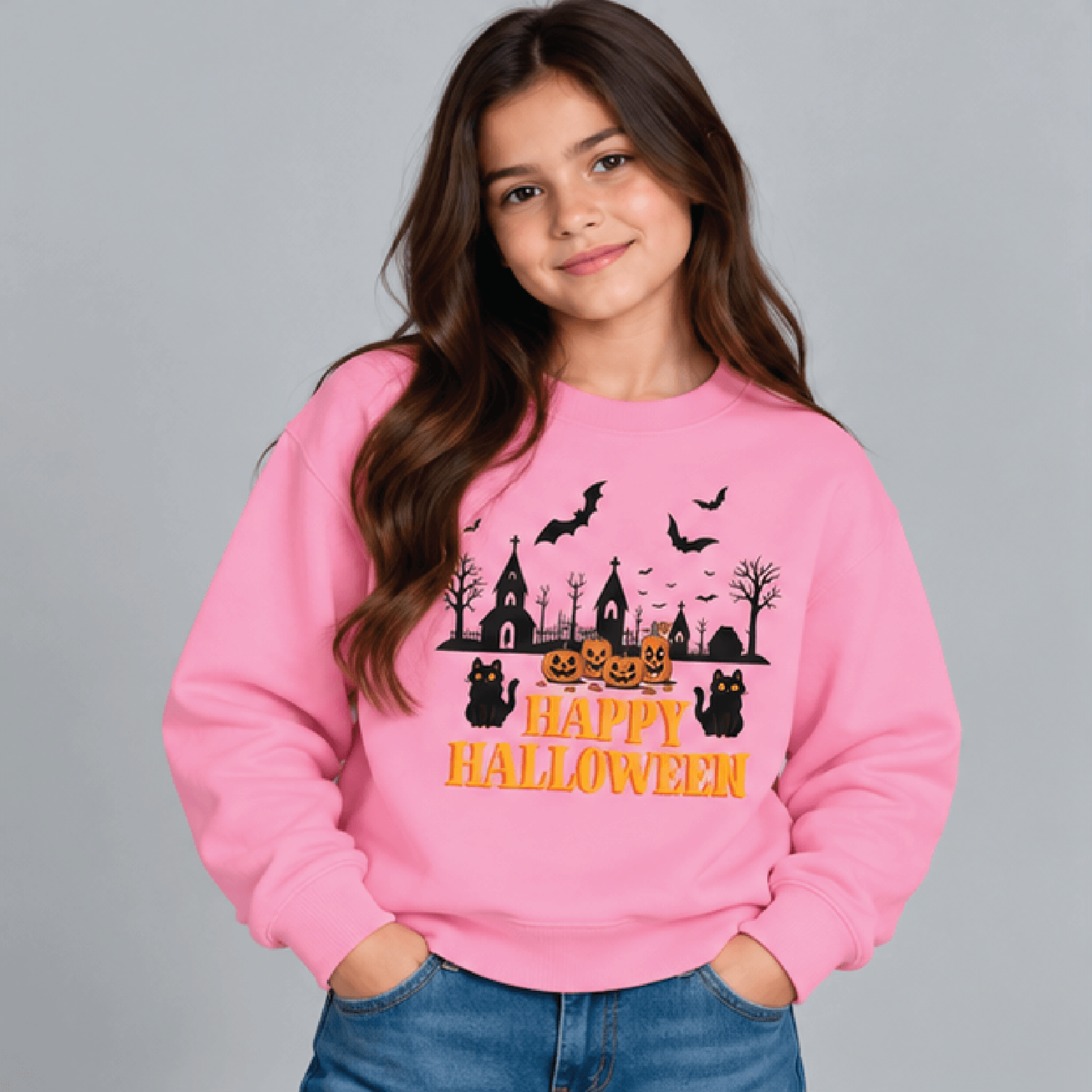Happy Halloween Sweatshirt Kids Youth Unisex Spooky Village Crewneck Pumpkin Black Cat Bat Haunted  2