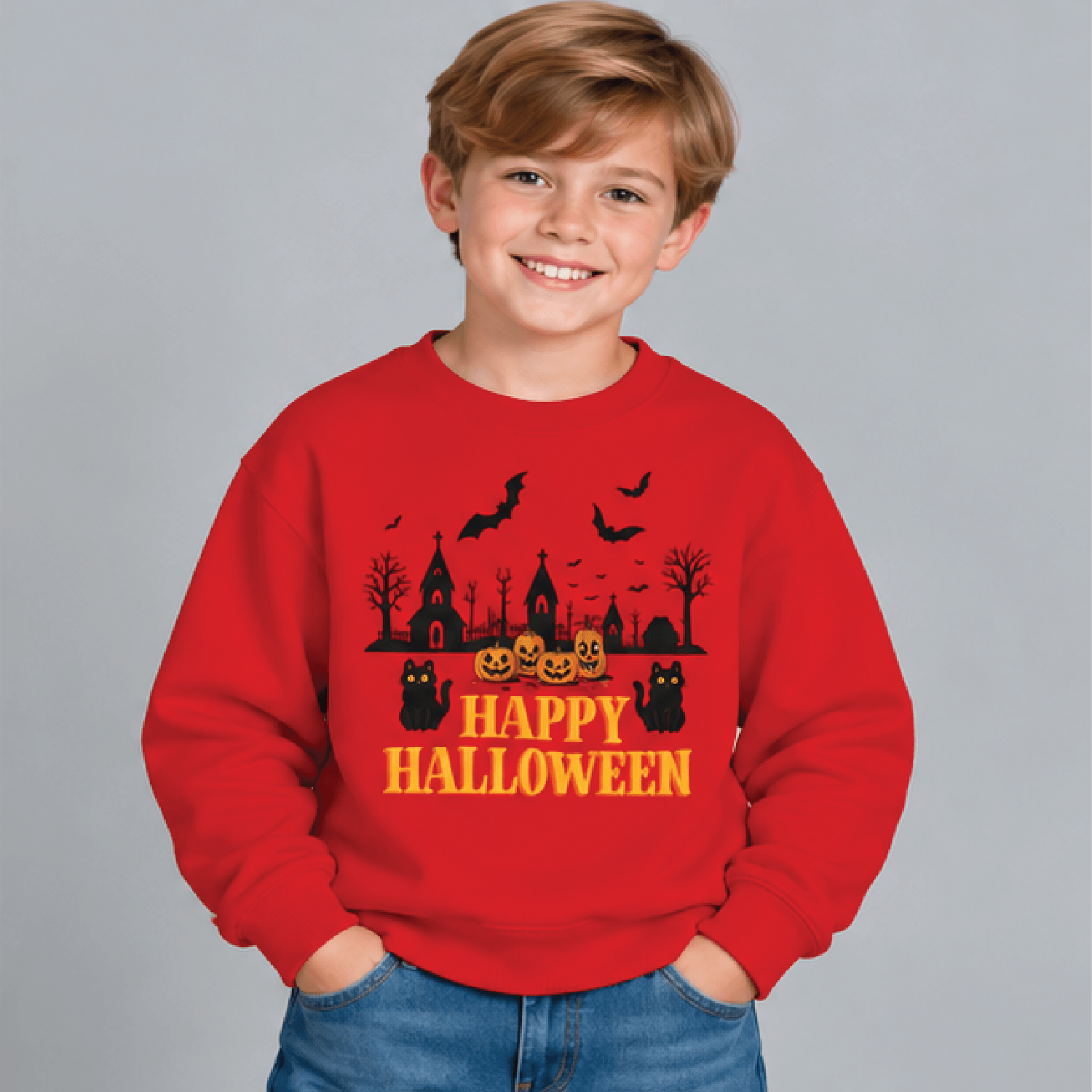 Happy Halloween Sweatshirt Kids Youth Unisex Spooky Village Crewneck Pumpkin Black Cat Bat Haunted  3