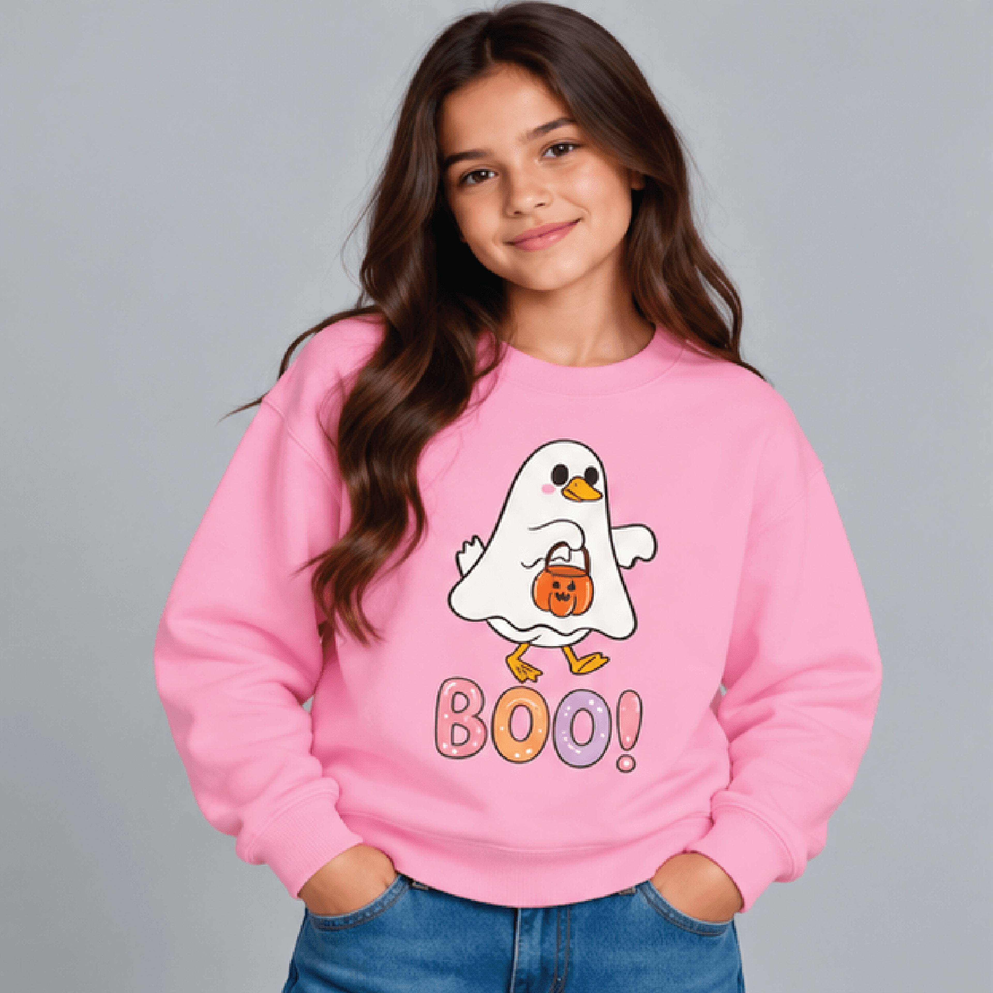 Cute Duck Ghost Halloween Sweatshirt Kids Youth Unisex BOO Crewneck Trick Or Treat Pumpkin Duck Spo 2