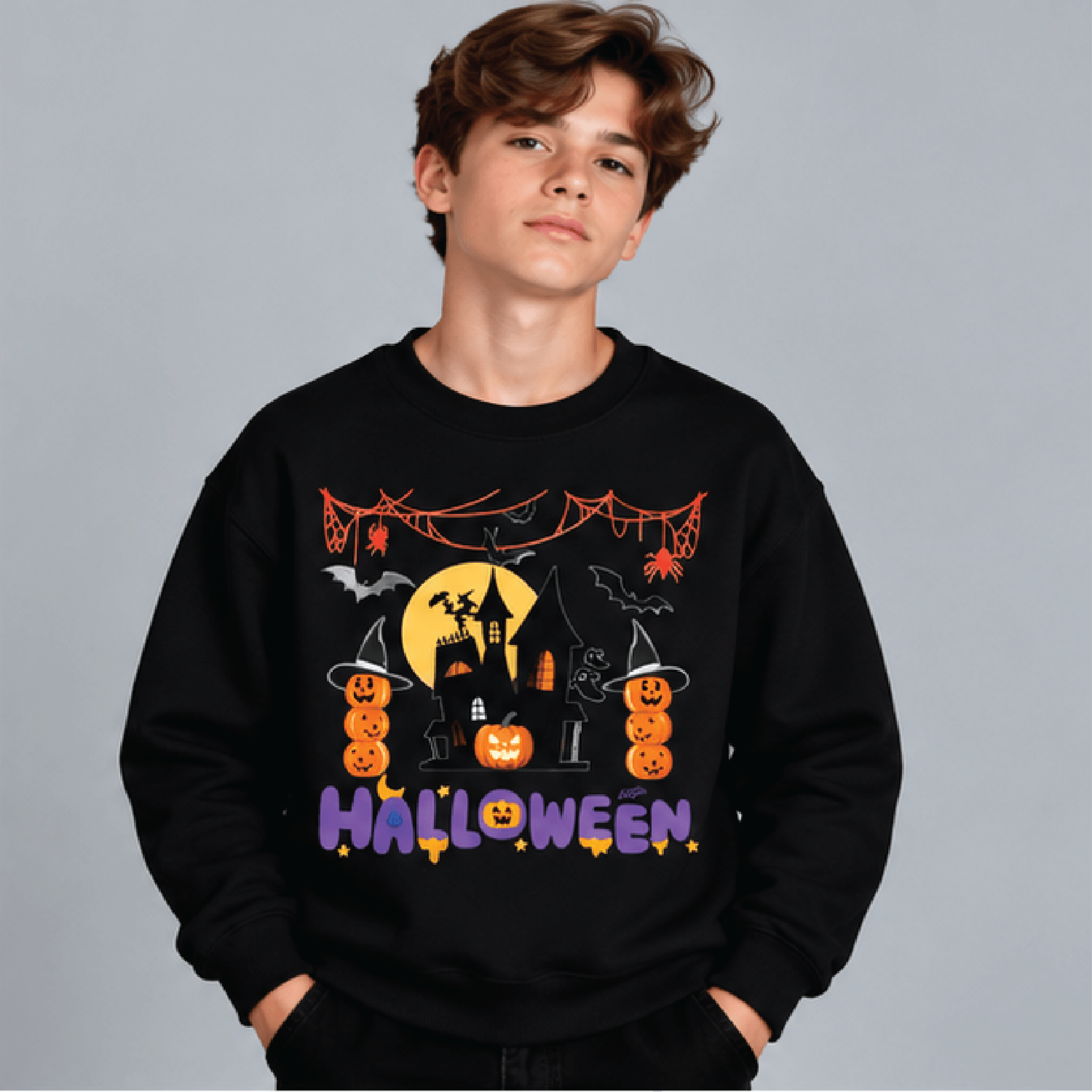 Halloween Haunted House Sweatshirt Kids Youth Unisex Pumpkin Bat Crewneck Spooky Trick Or Treat Fal 1