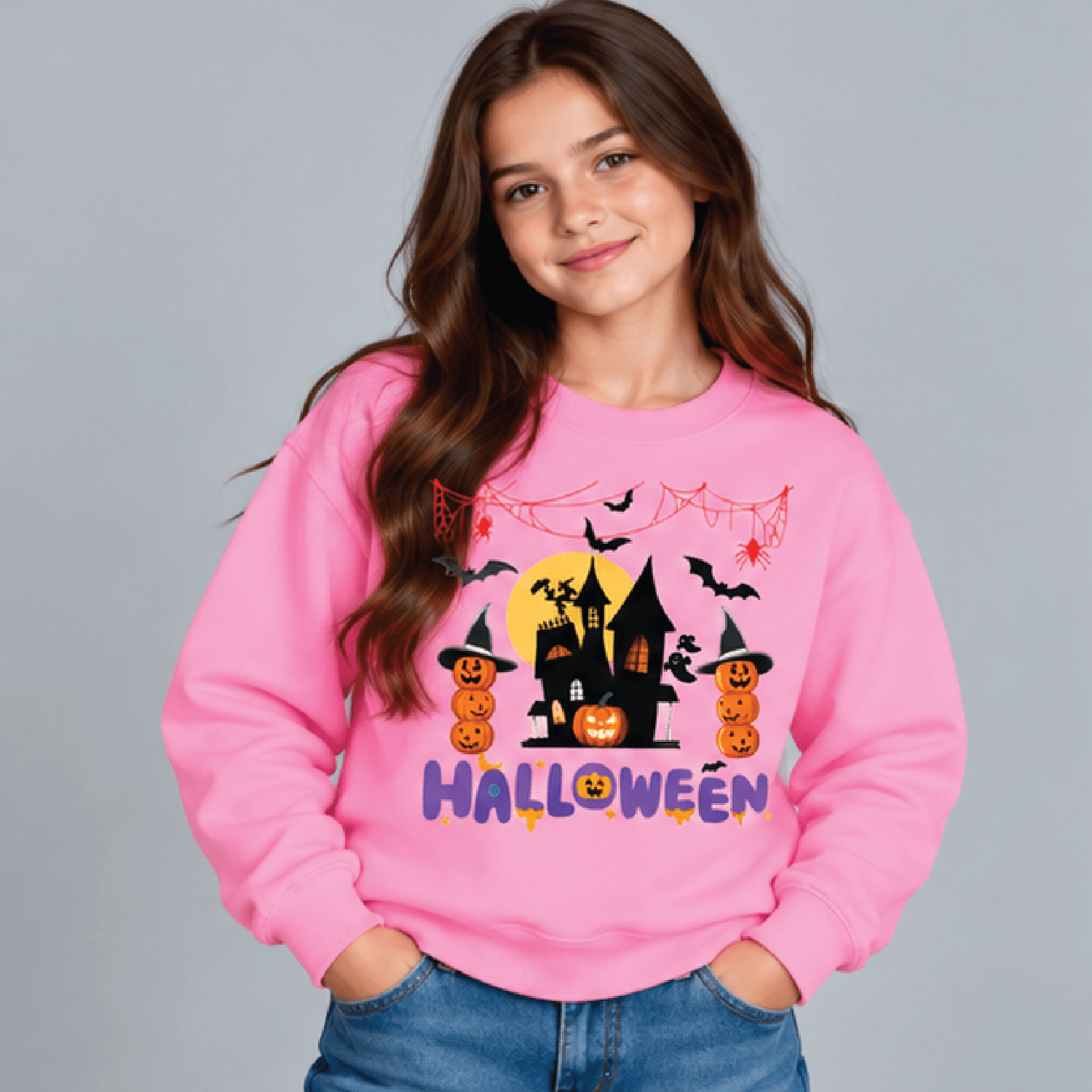 Halloween Haunted House Sweatshirt Kids Youth Unisex Pumpkin Bat Crewneck Spooky Trick Or Treat Fal 2