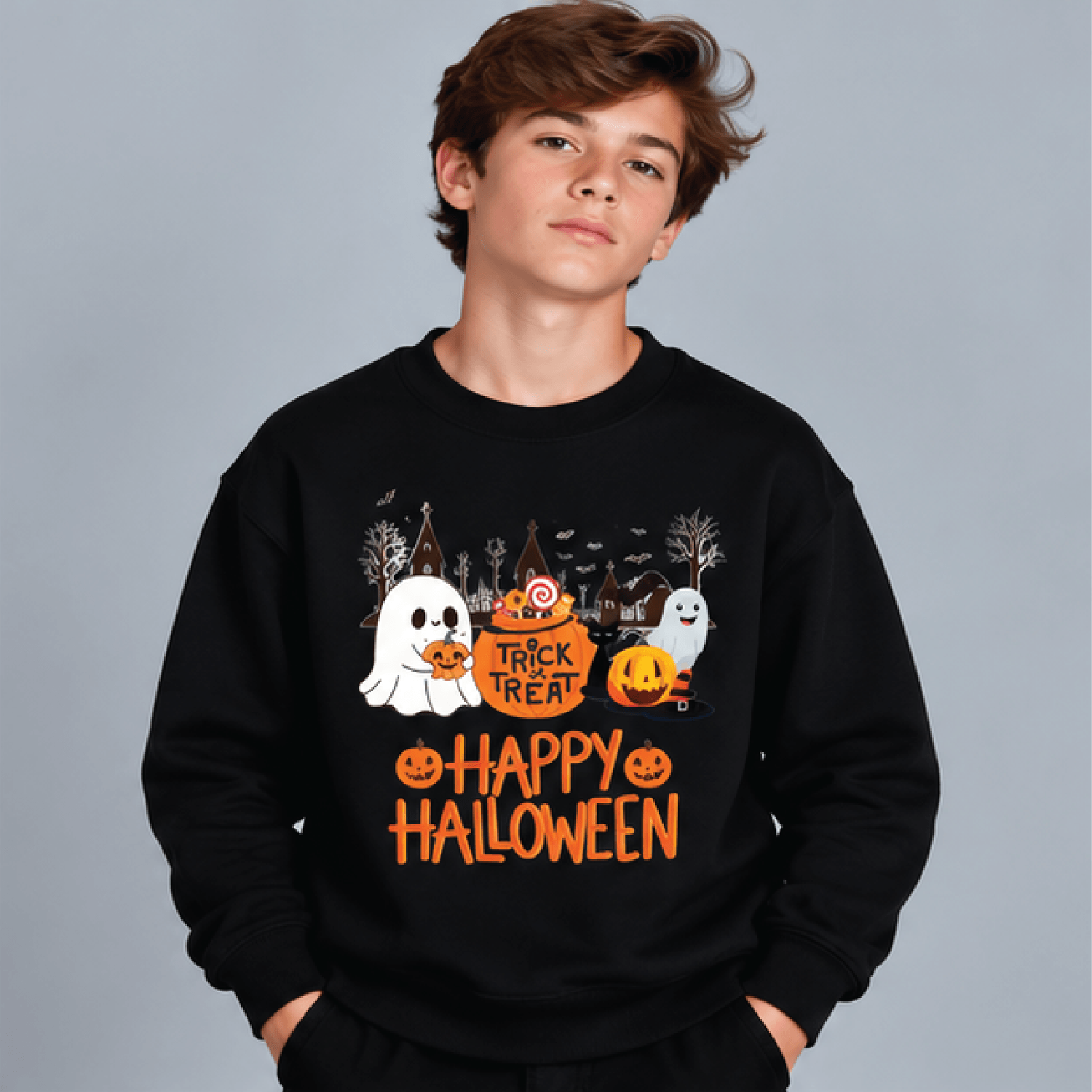 Trick Or Treat Halloween Sweatshirt Kids Youth Unisex Ghost Pumpkin Candy Crewneck Cute Happy Hallo 1