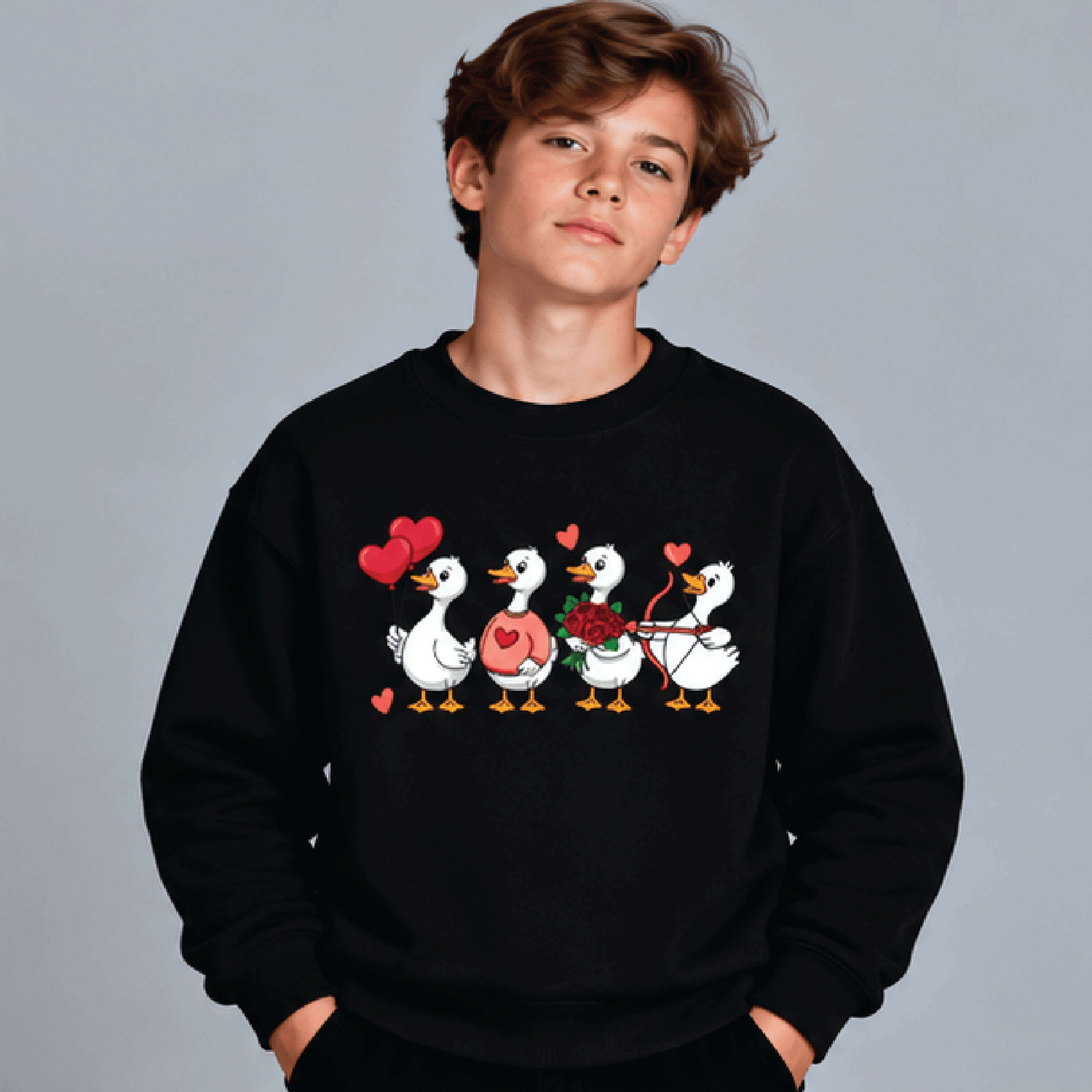 Just A Love Goose Sweatshirt Kids Youth Unisex Valentine Crewneck Cute Heart Goose Funny Valentines 1