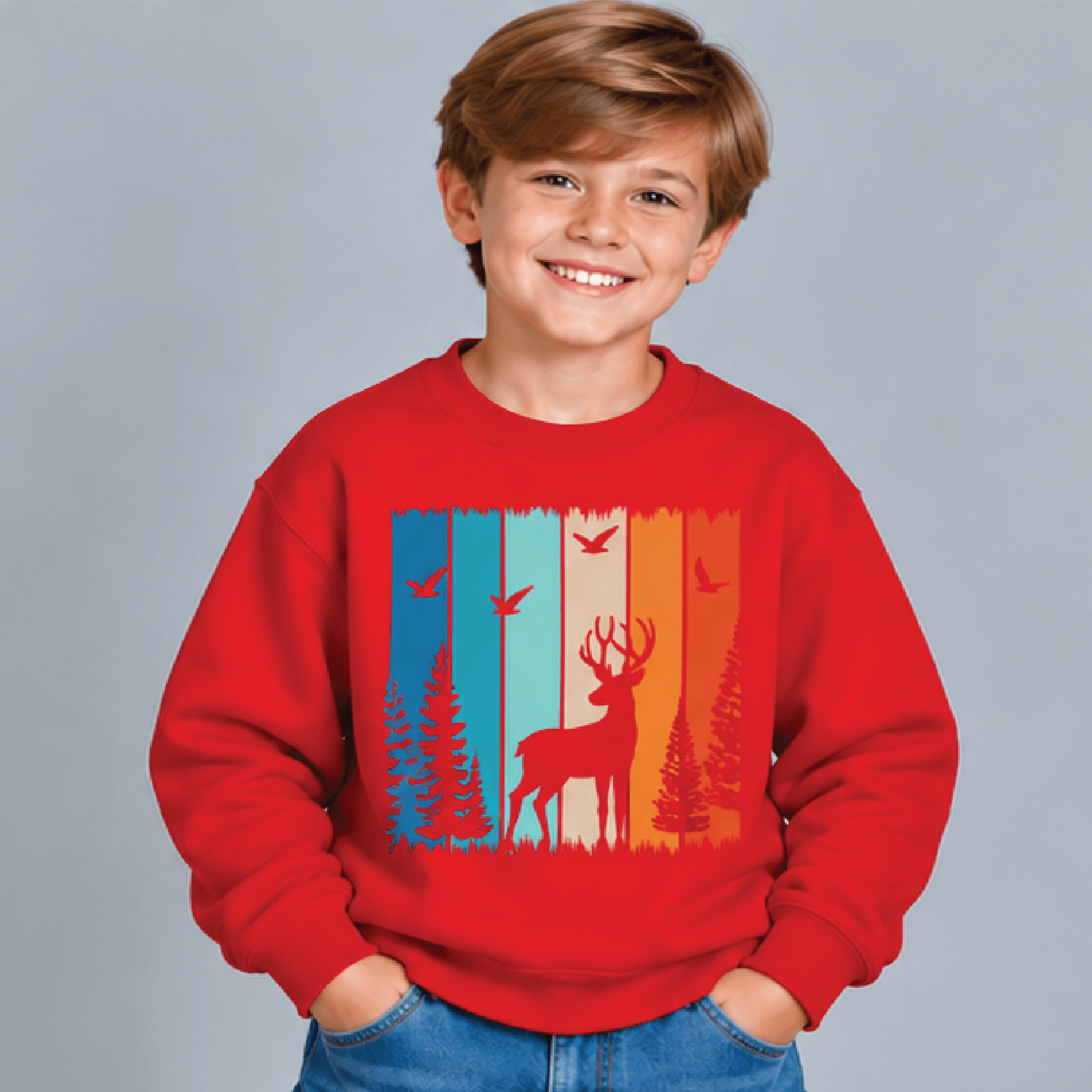 Deer Forest Sweatshirt Kids Youth Unisex Woodland Crewneck Cute Deer Trees Nature Outdoor Adventure