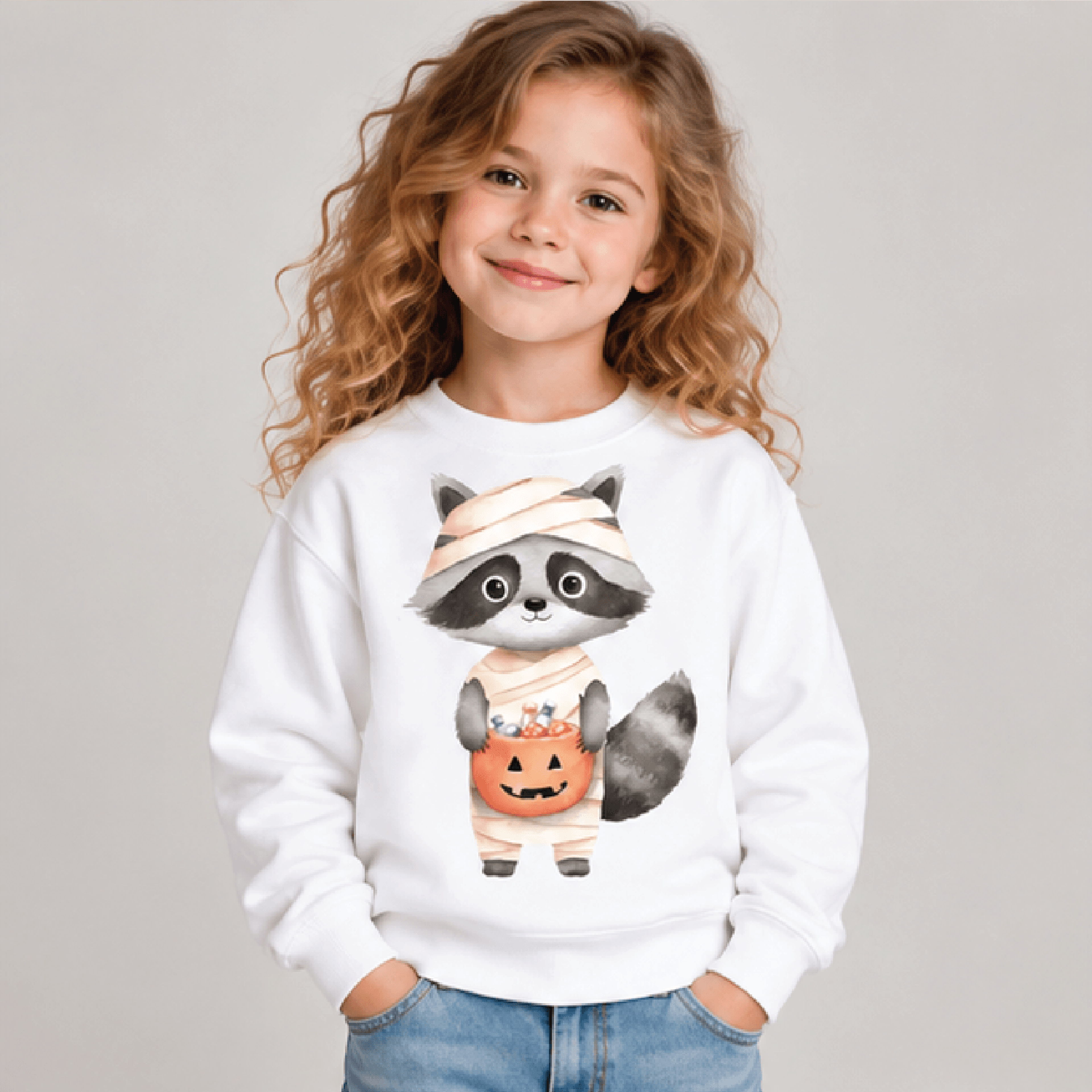 Mummy Raccoon Halloween Sweatshirt Kids Youth Unisex Trick Or Treat Crewneck Cute Pumpkin Candy Woo 0