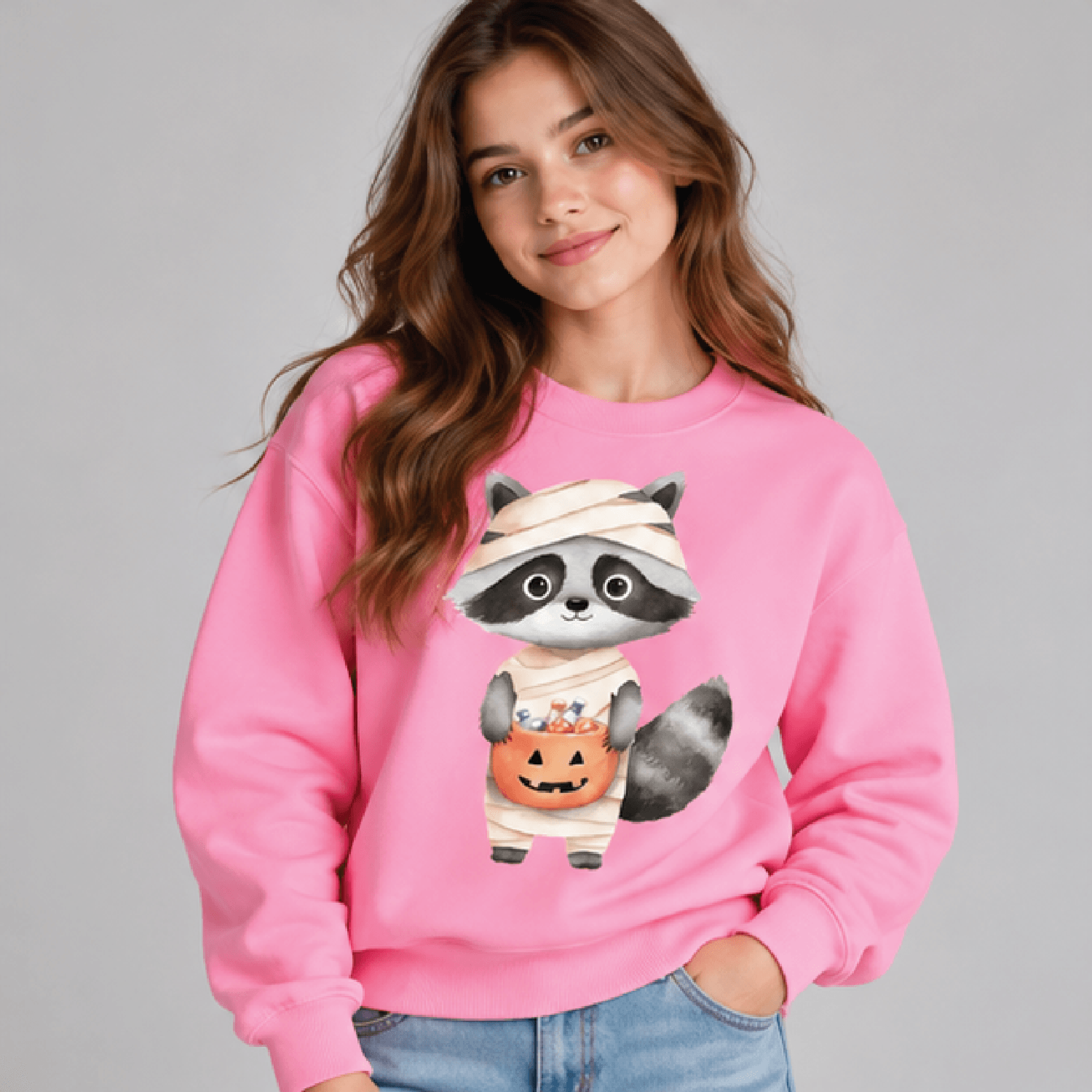 Mummy Raccoon Halloween Sweatshirt Kids Youth Unisex Trick Or Treat Crewneck Cute Pumpkin Candy Woo 2
