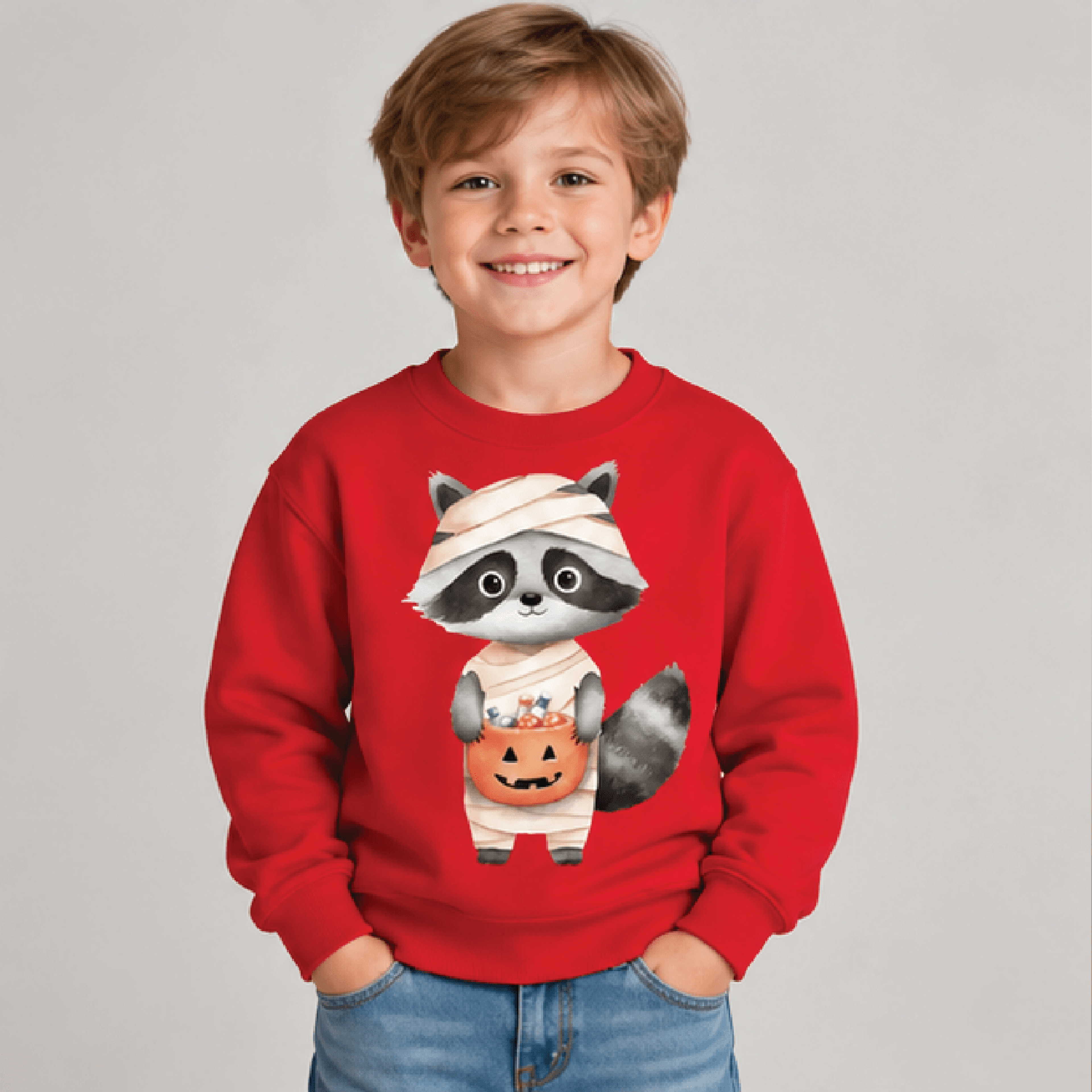 Mummy Raccoon Halloween Sweatshirt Kids Youth Unisex Trick Or Treat Crewneck Cute Pumpkin Candy Woo 3