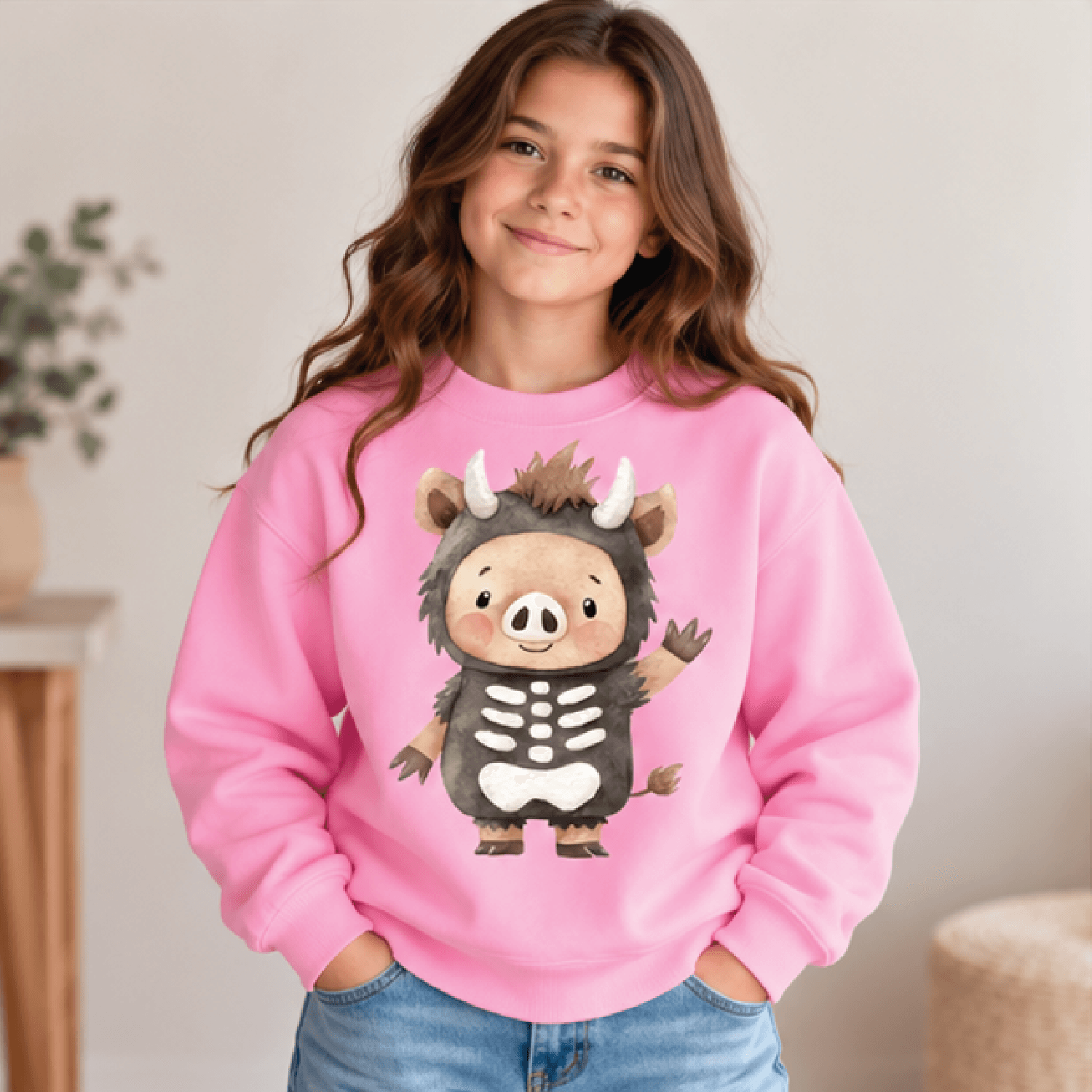 Cute Skeleton Boar Halloween Sweatshirt Kids Youth Unisex Wild Pig Costume Crewneck Spooky Woodland 2