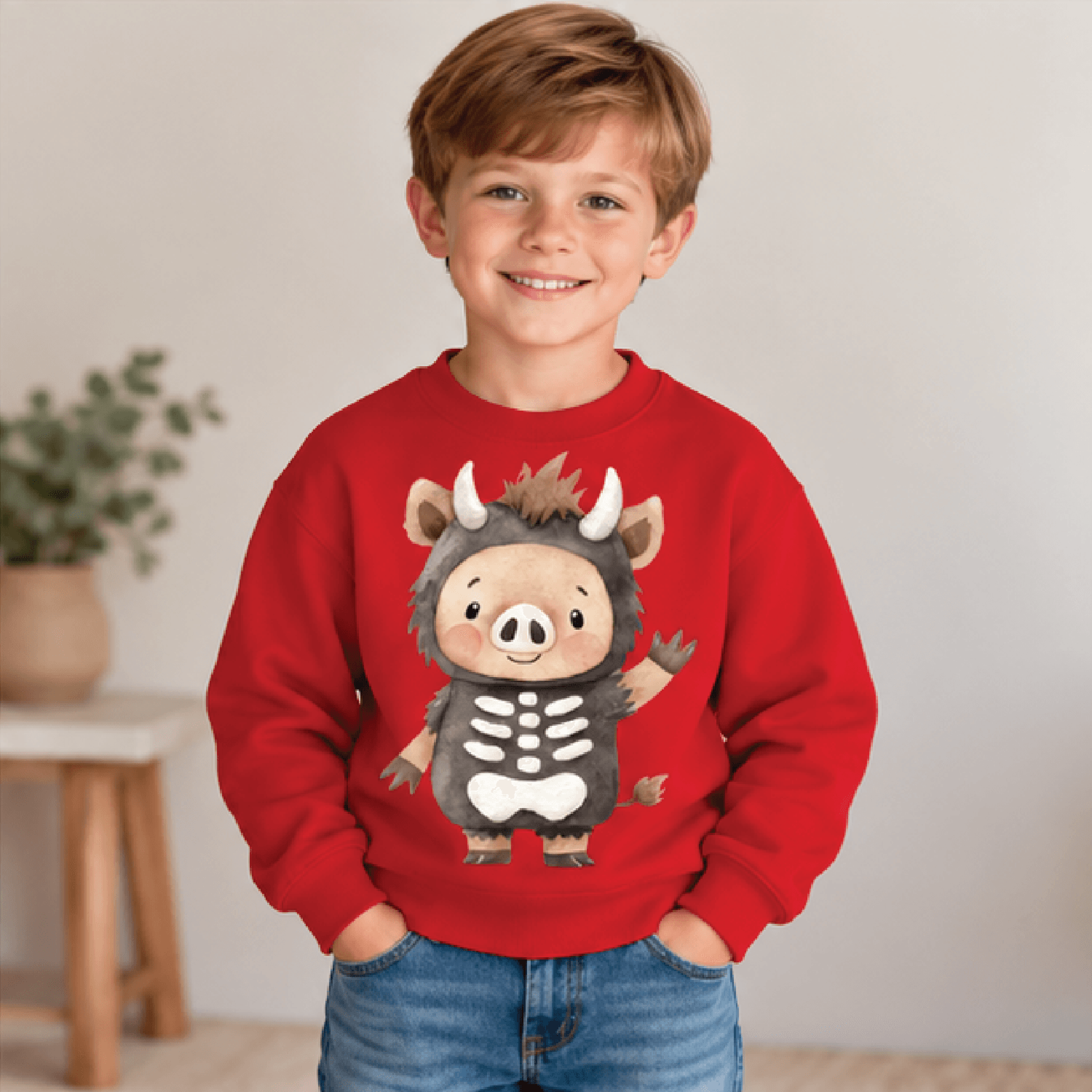 Cute Skeleton Boar Halloween Sweatshirt Kids Youth Unisex Wild Pig Costume Crewneck Spooky Woodland 3