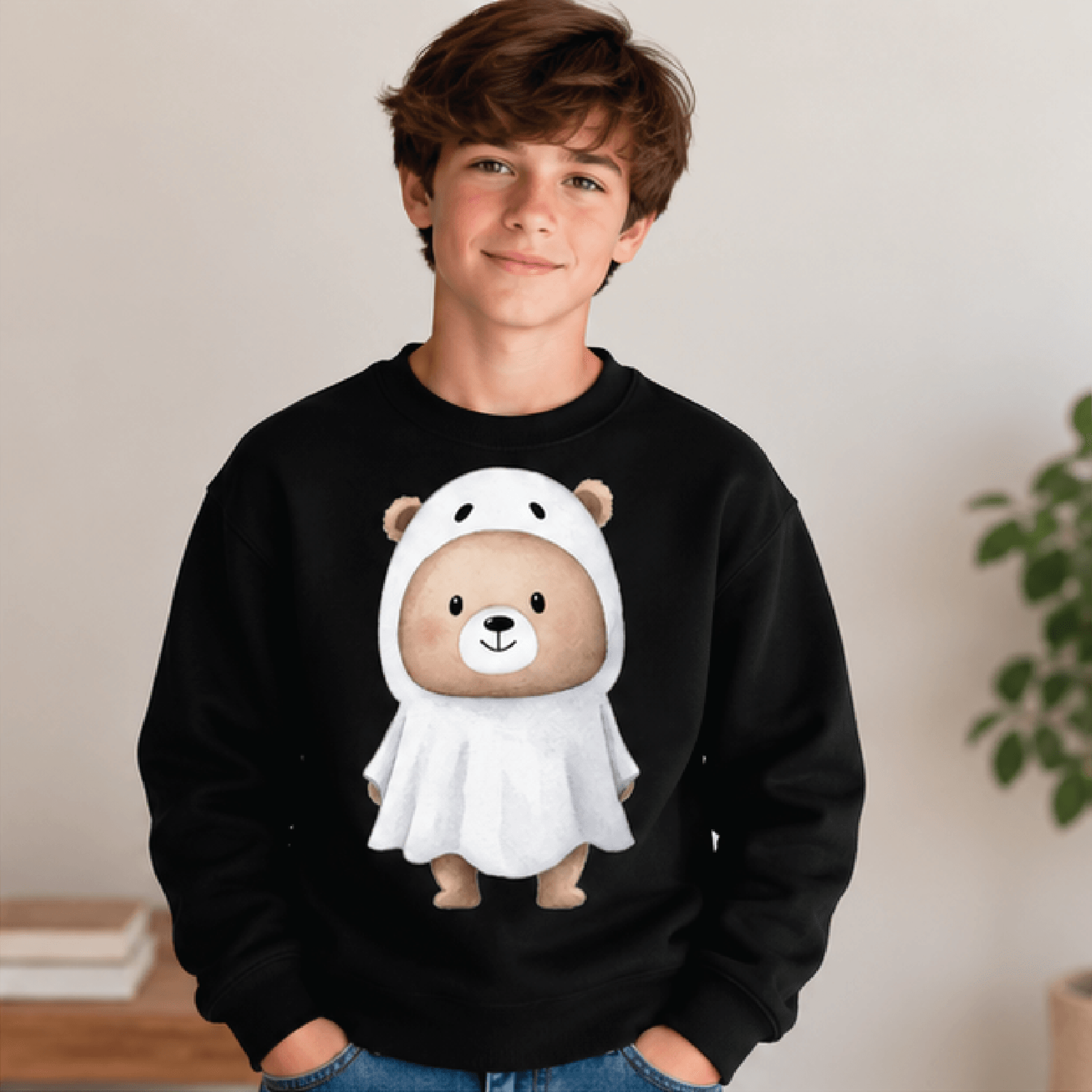 Ghost Bear Halloween Sweatshirt Kids Youth Unisex Cute Teddy Bear Crewneck Sweet Spooky Costume Fal 1