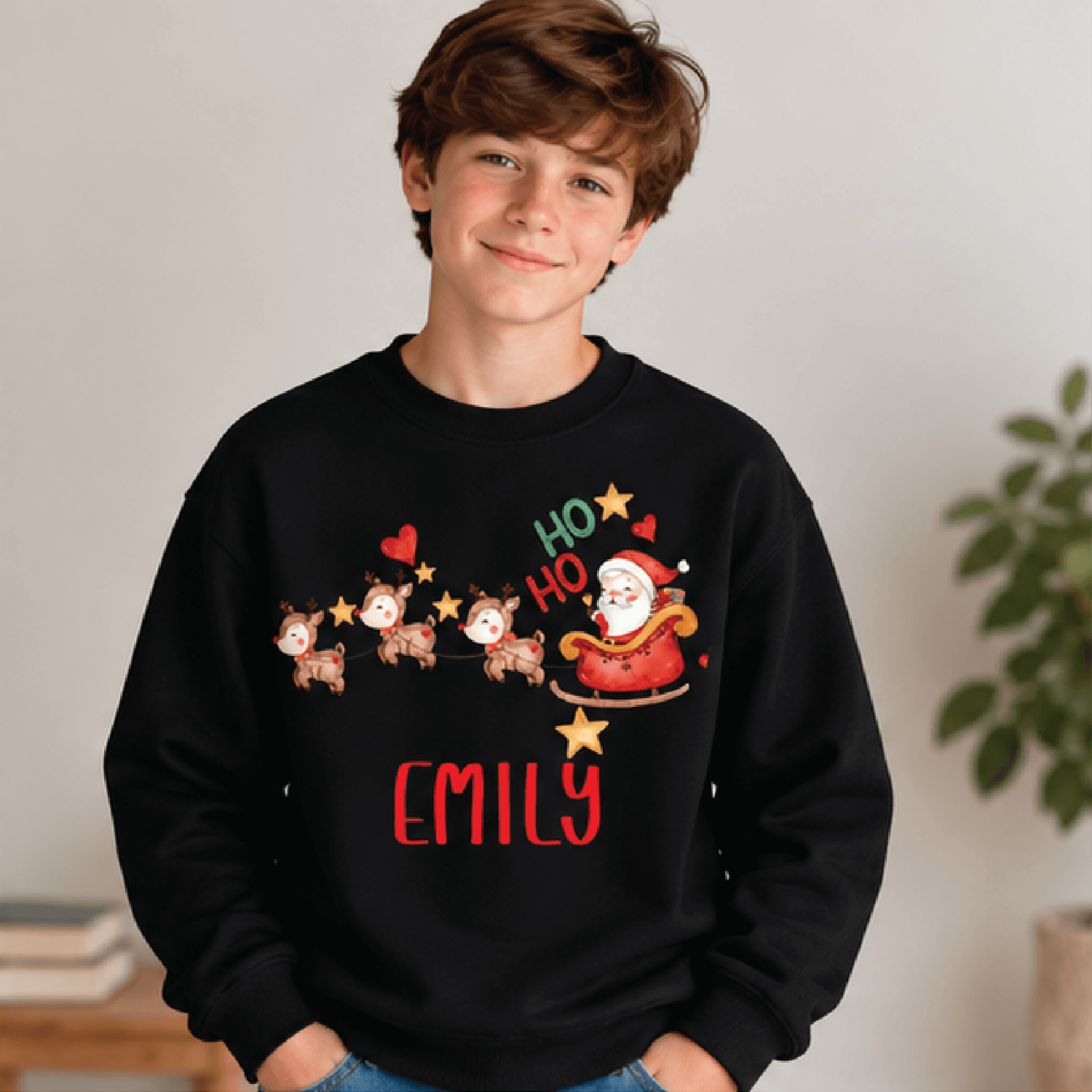 Personalized Santa Sleigh Christmas Sweatshirt Kids Youth Unisex Custom Name Crewneck Reindeer Ho H 1