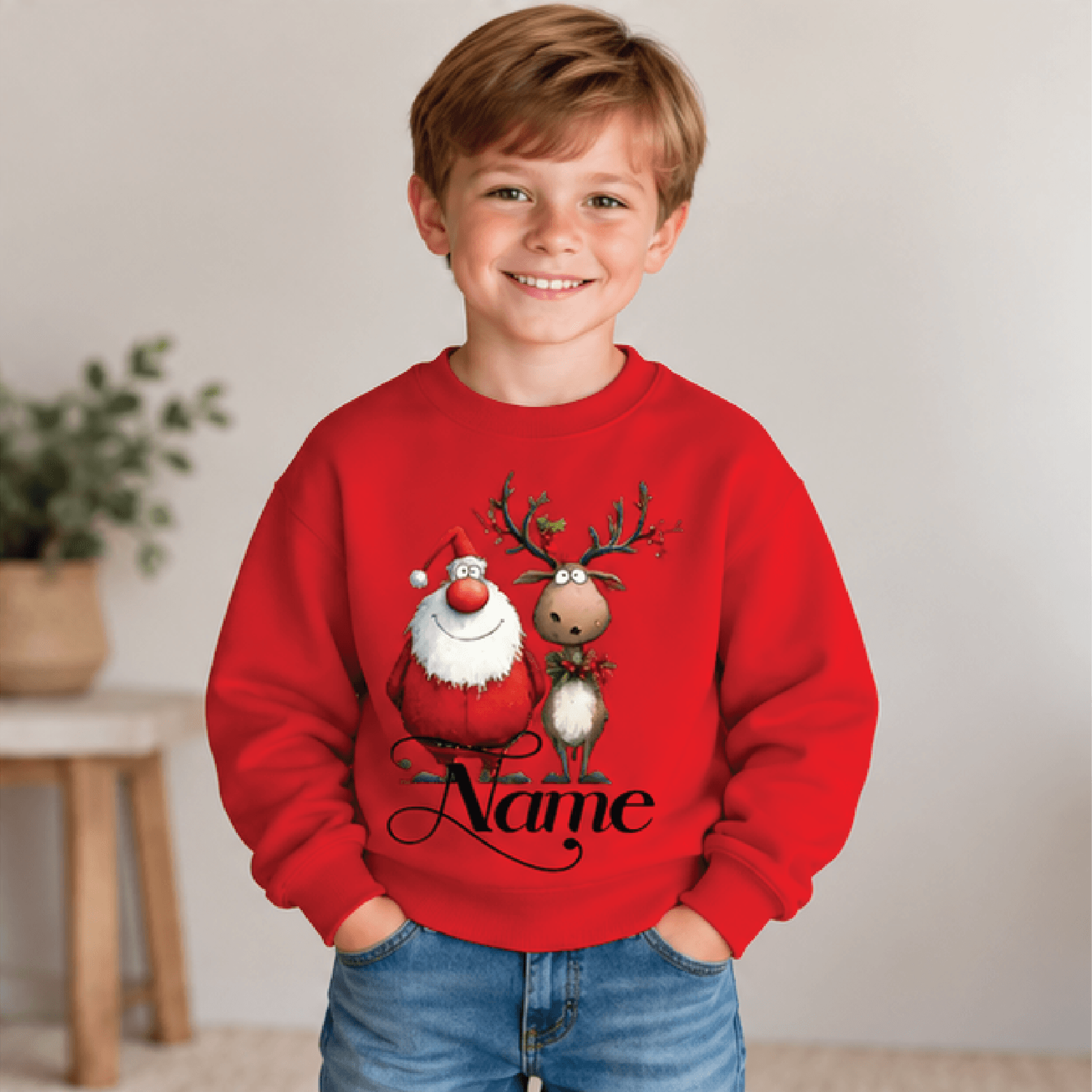 Personalized Santa And Reindeer Christmas Sweatshirt Kids Youth Unisex Custom Name Crewneck Cute Ho 3