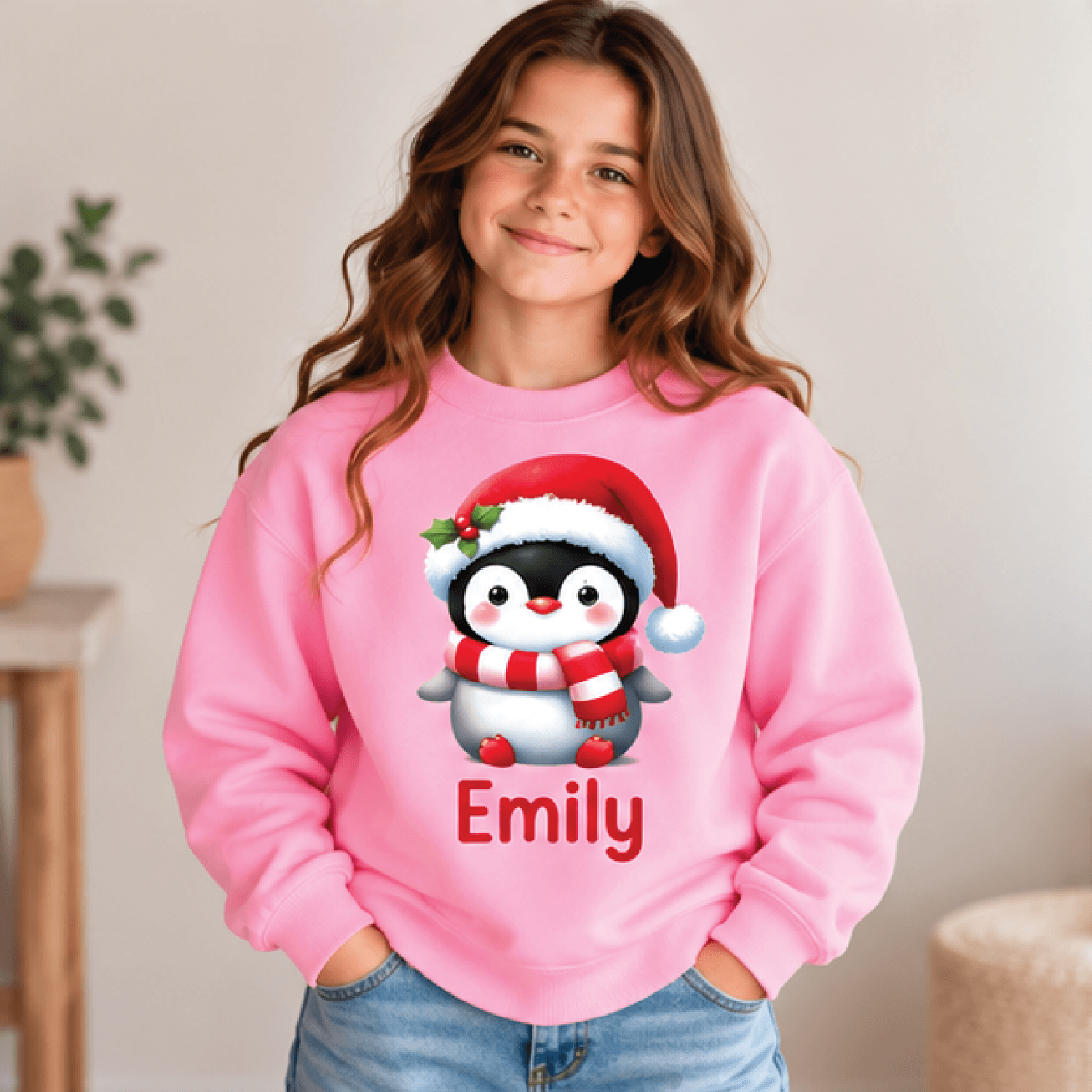 Personalized Christmas Penguin Sweatshirt Kids Youth Unisex Custom Name Crewneck Cute Santa Penguin 2