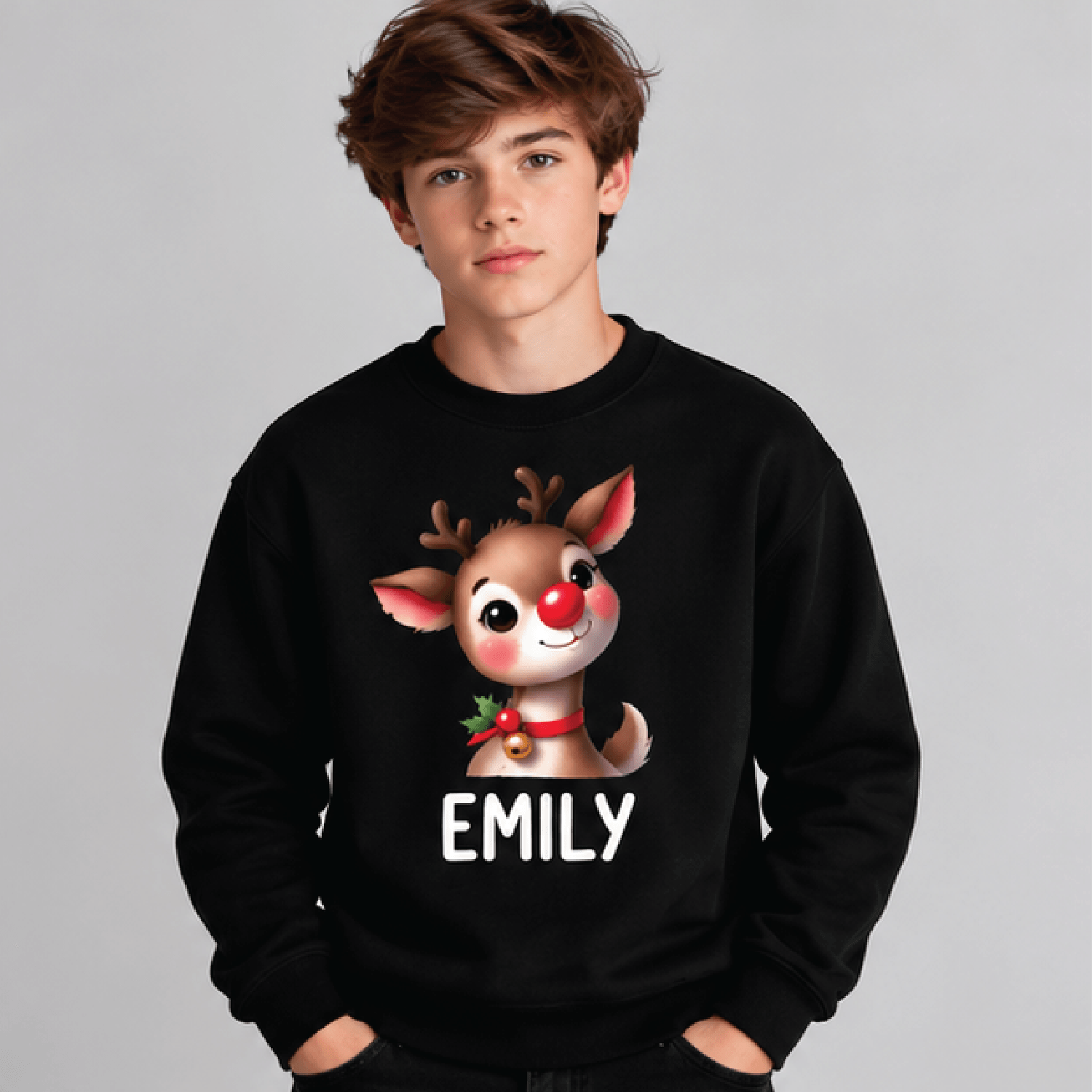 Personalized Reindeer Christmas Sweatshirt Kids Youth Unisex Custom Name Crewneck Cute Rudolph Holi 1