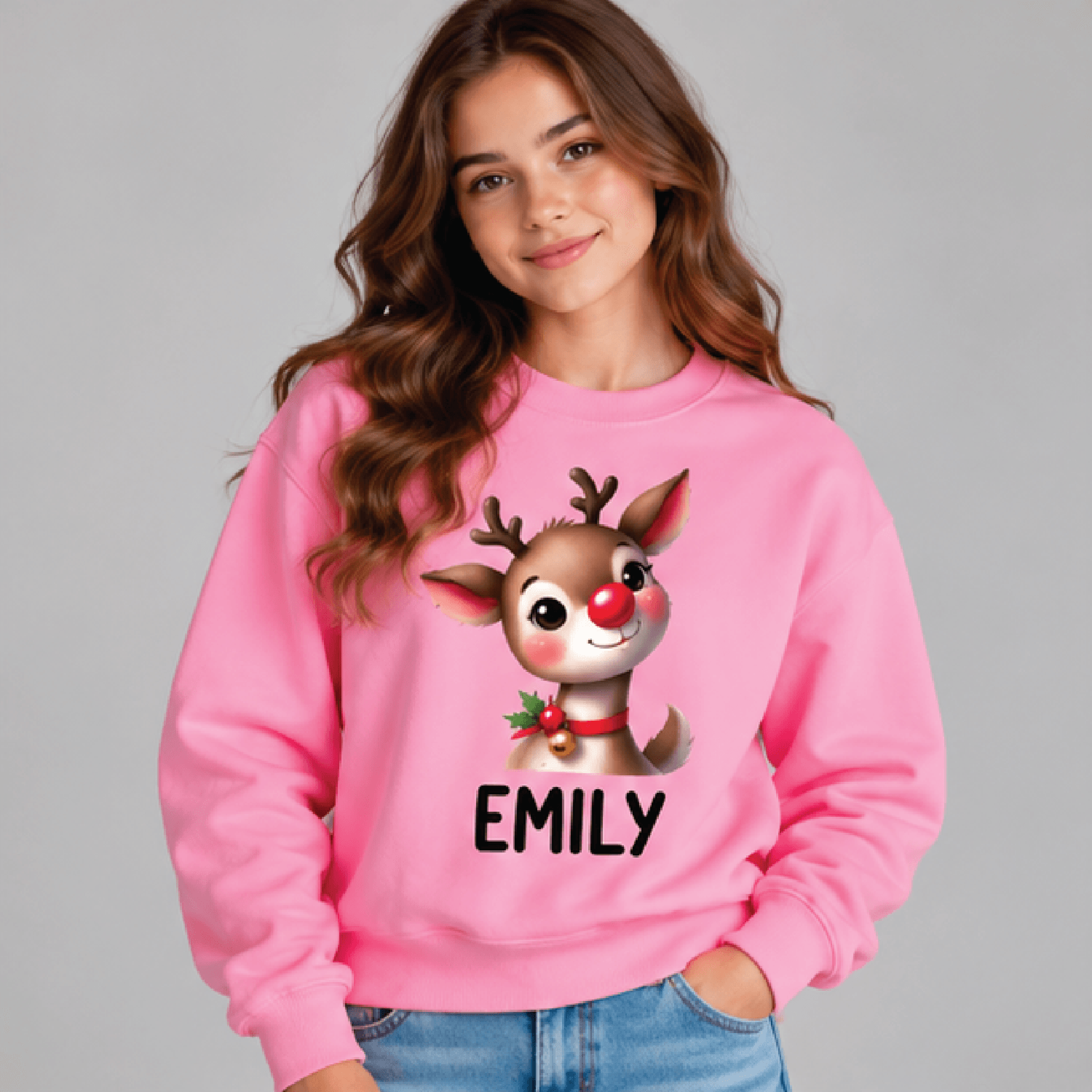 Personalized Reindeer Christmas Sweatshirt Kids Youth Unisex Custom Name Crewneck Cute Rudolph Holi 2