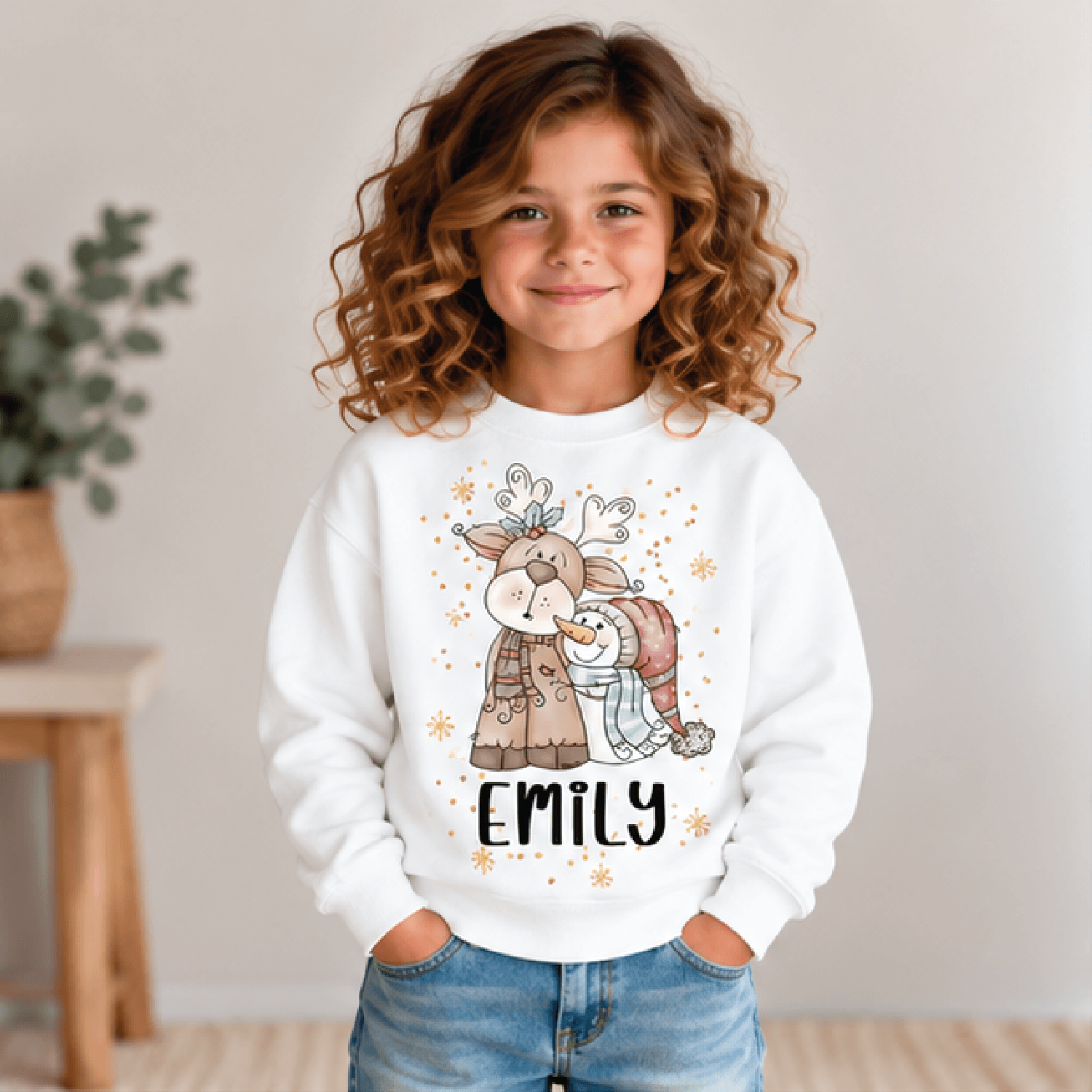 Personalized Reindeer Snowman Christmas Sweatshirt Kids Youth Unisex Custom Name Winter Holiday Cre 0