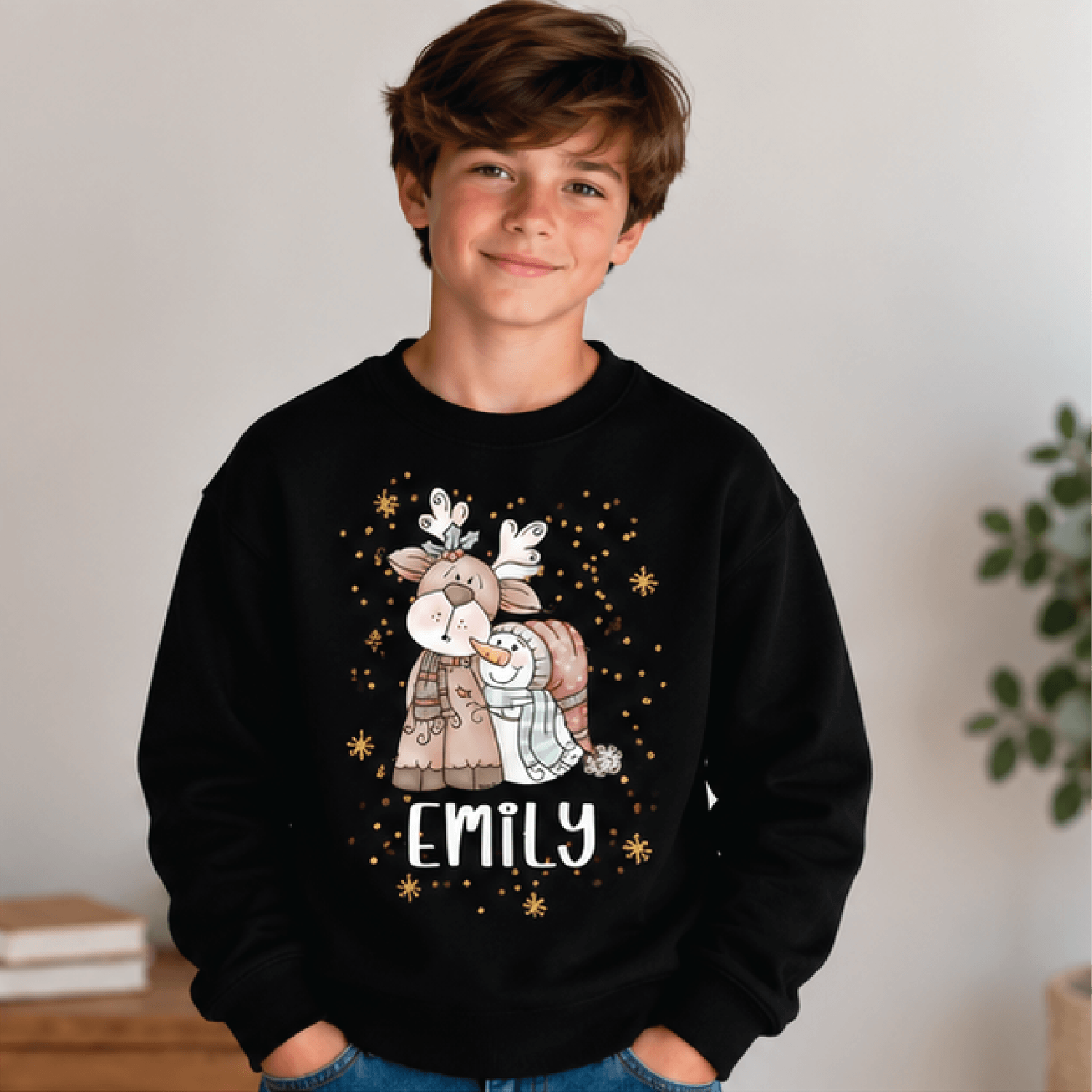 Personalized Reindeer Snowman Christmas Sweatshirt Kids Youth Unisex Custom Name Winter Holiday Cre 1