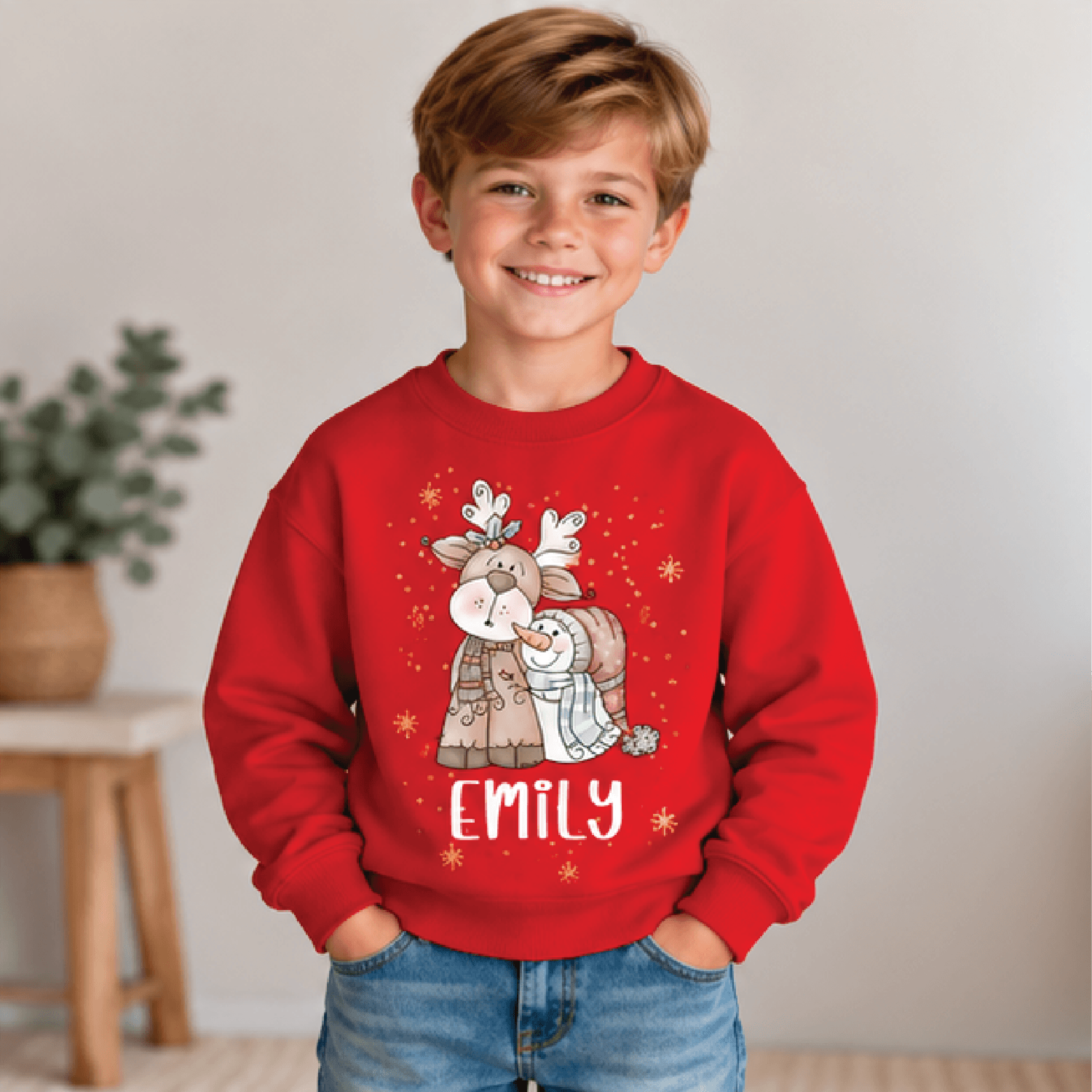 Personalized Reindeer Snowman Christmas Sweatshirt Kids Youth Unisex Custom Name Winter Holiday Cre 3