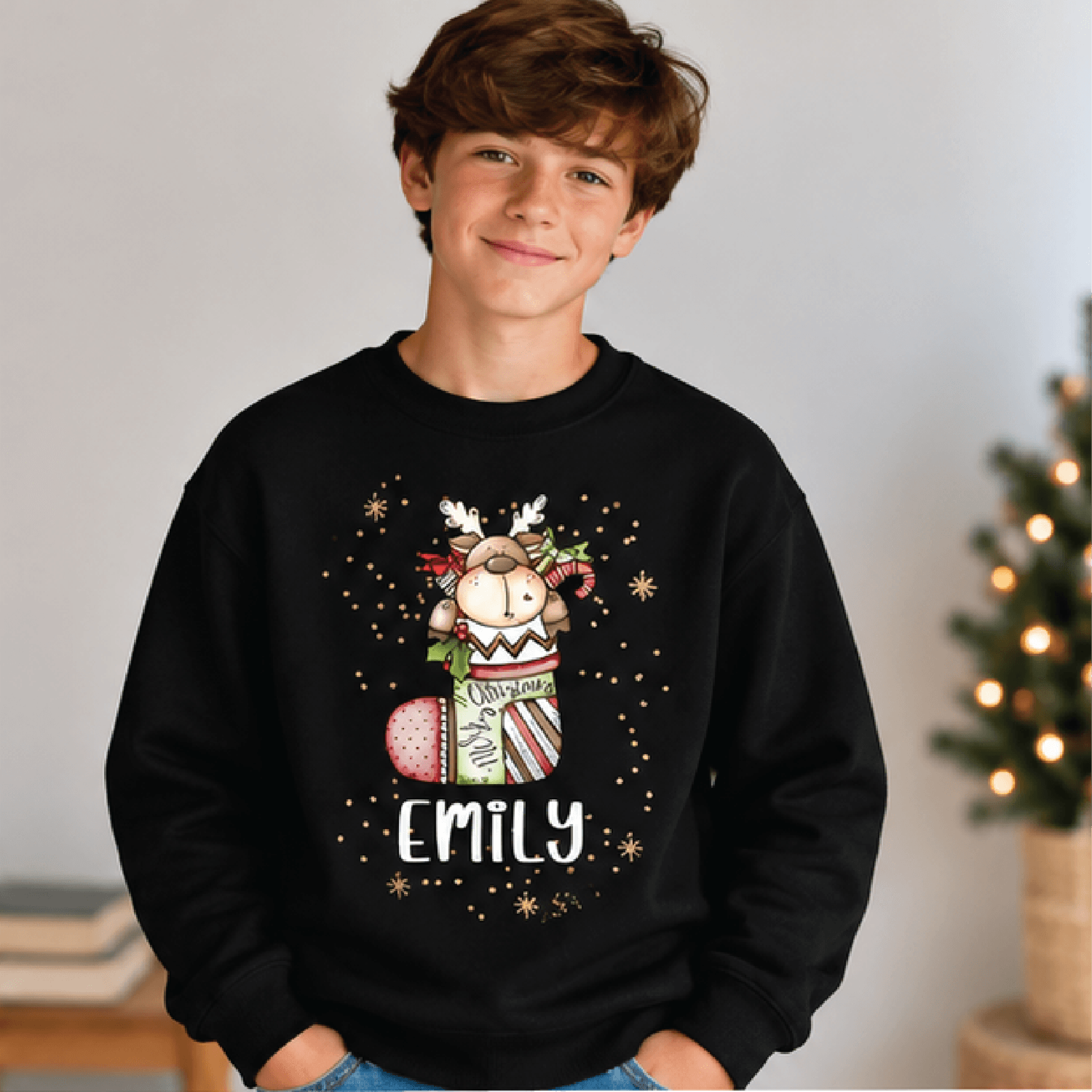 Personalized Christmas Reindeer Sweatshirt Kids Youth Unisex Custom Name Stocking Reindeer Holiday  1