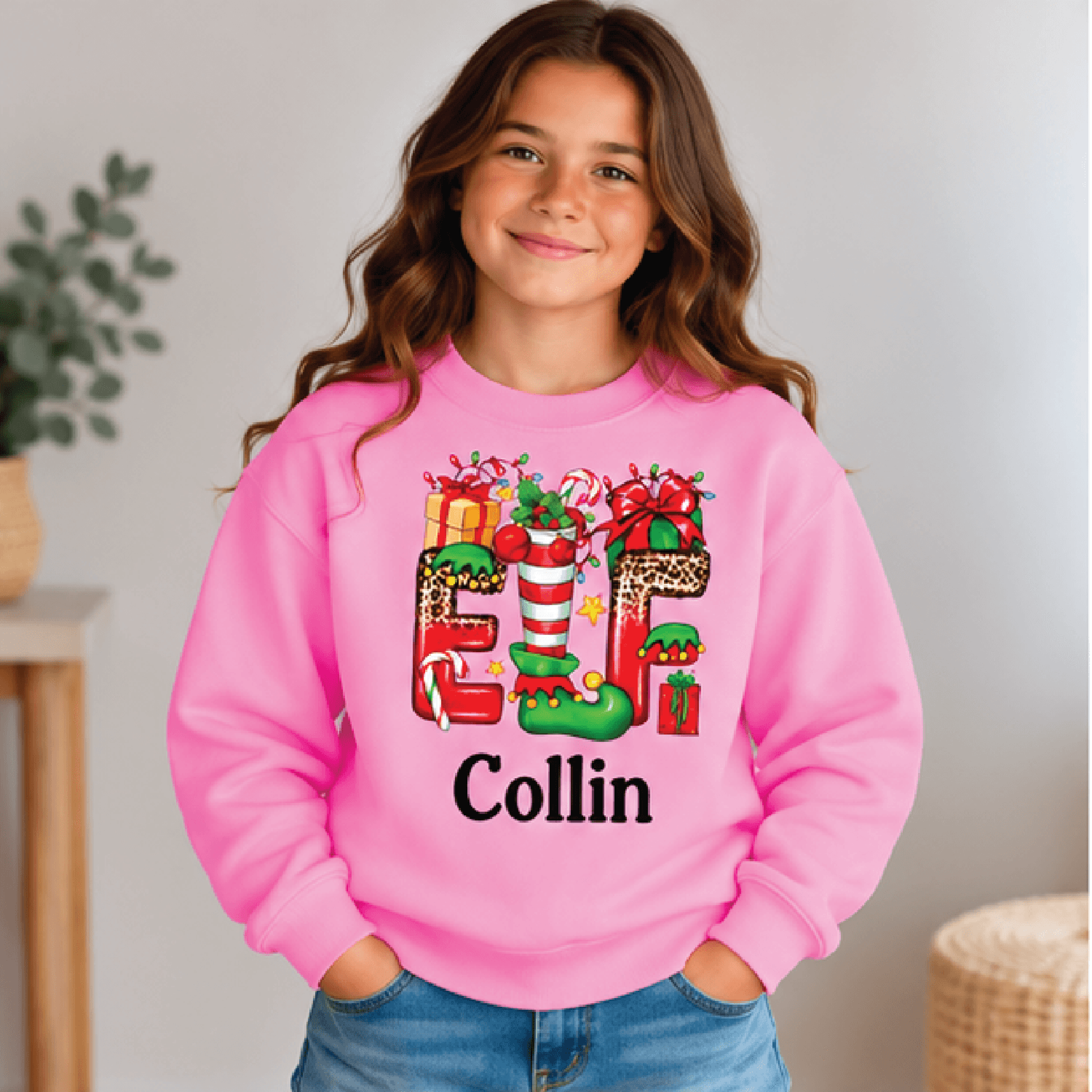 Personalized Christmas Elf Sweatshirt Kids Youth Unisex Custom Name Elf Crewneck Festive Holiday Ca 2